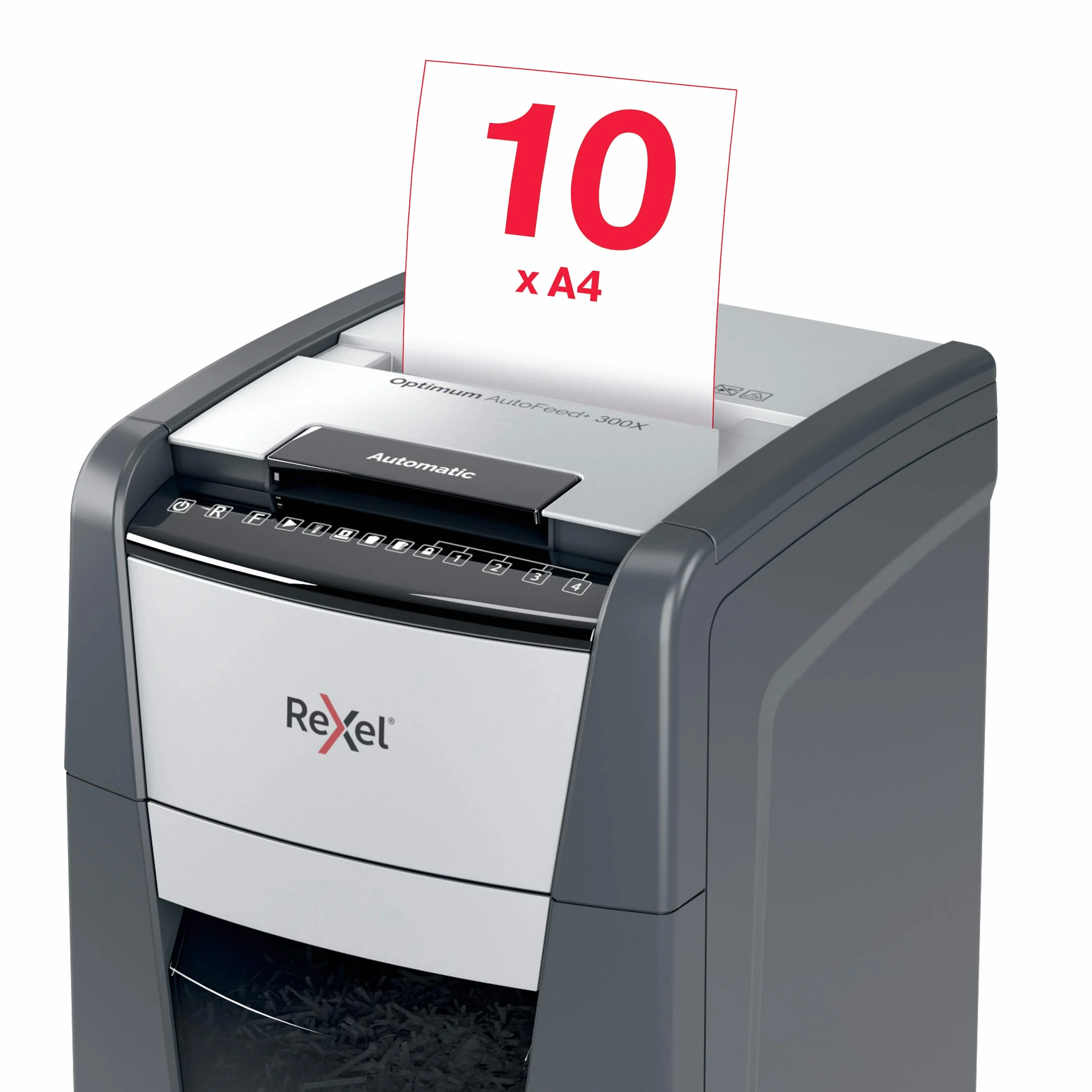REXEL Optimum Auto Feed+ 300X, Distruggi documenti Automatico, 300-330 Fogli (80-70 gr-mq), Taglio a Frammento, Livello di Sicurezza P-4, per l?Ufficio, Capacit? 60 Litri, con Ruote, 2020300XEU