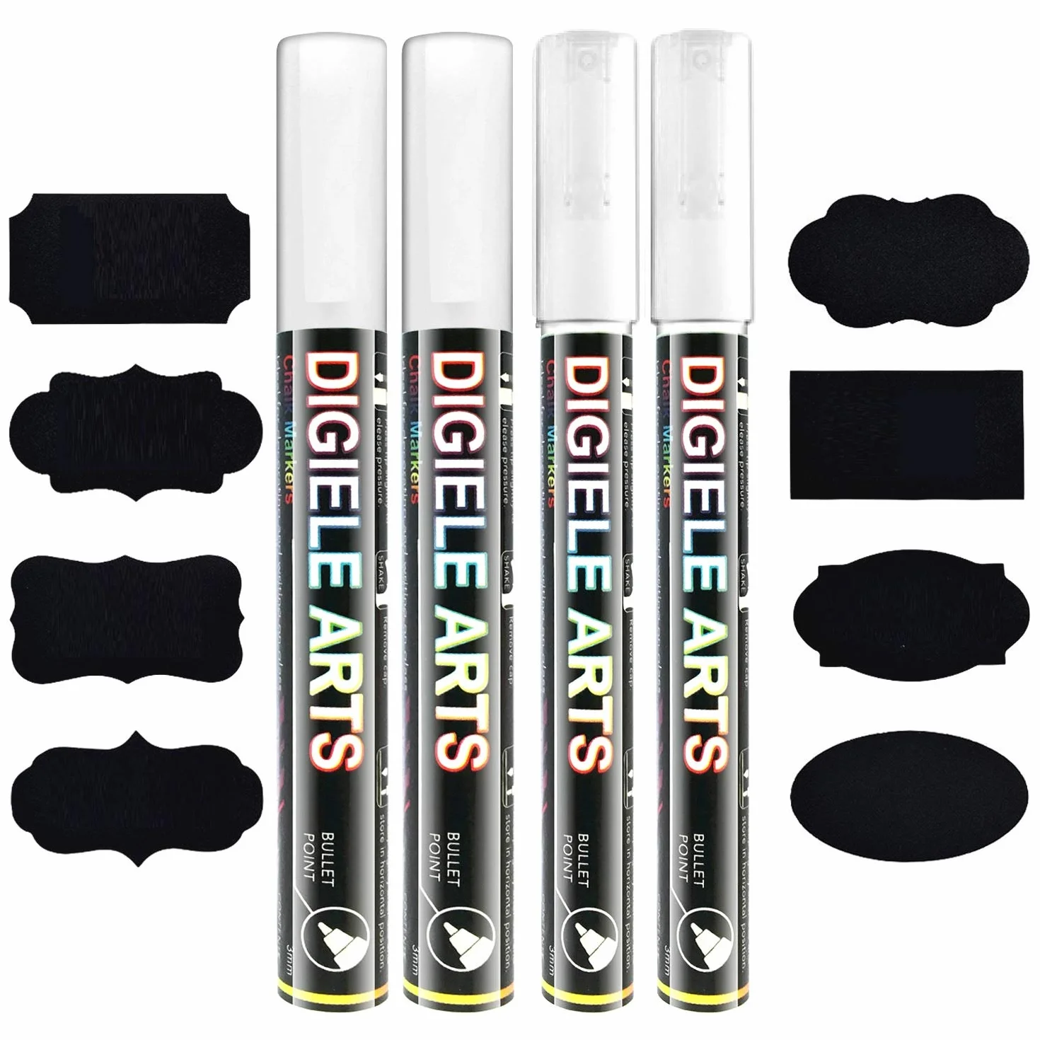 Pennarelli a gesso 3 mm + feltro liquido bianco 6 mm + 16 etichette, punta reversibile fine o smussato, cancellazione con panno