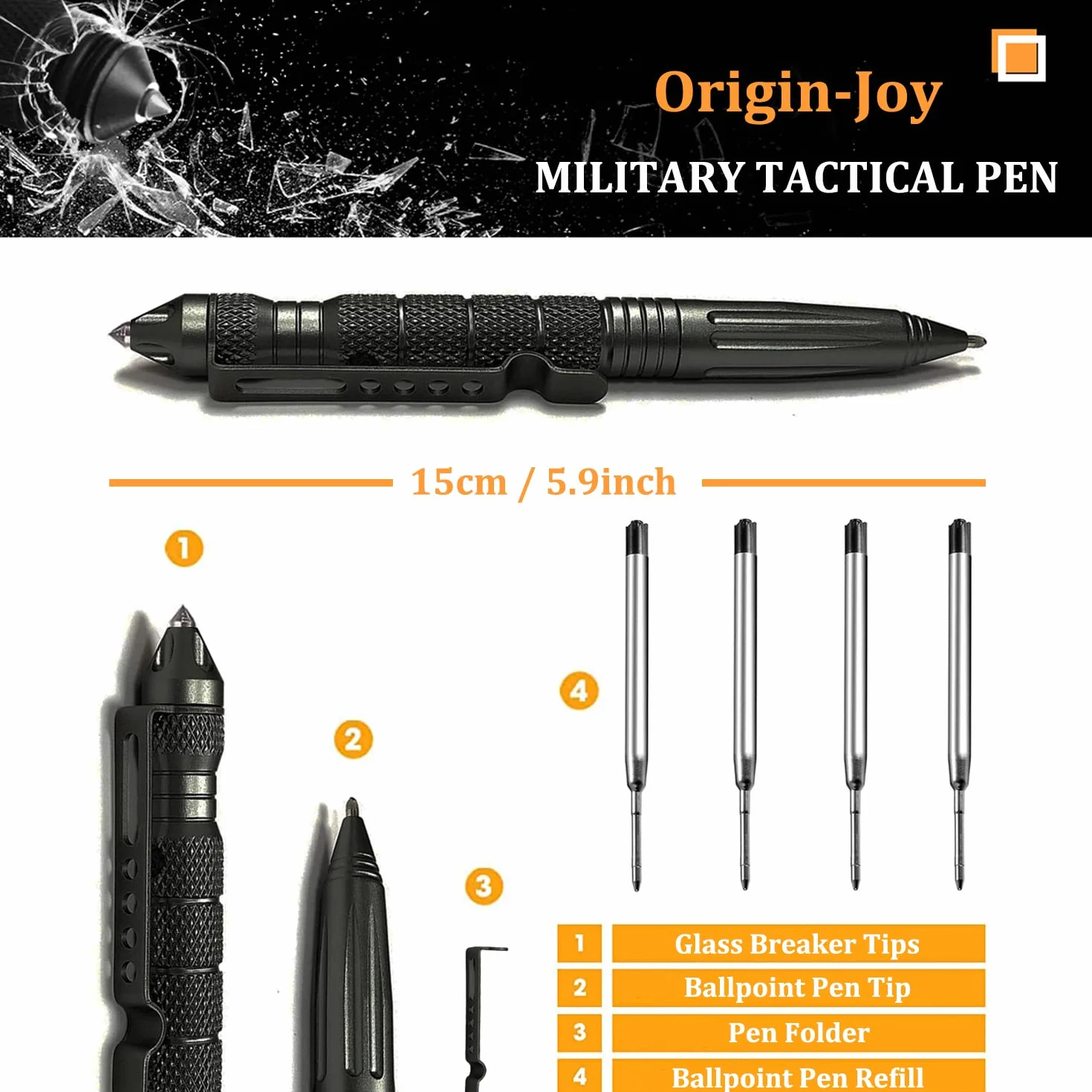 Origin-Joy Penna tattica militare in acciaio al tungsteno, in confezione regalo, strumento di emergenza per autodifesa, con 8 ricariche (nero)