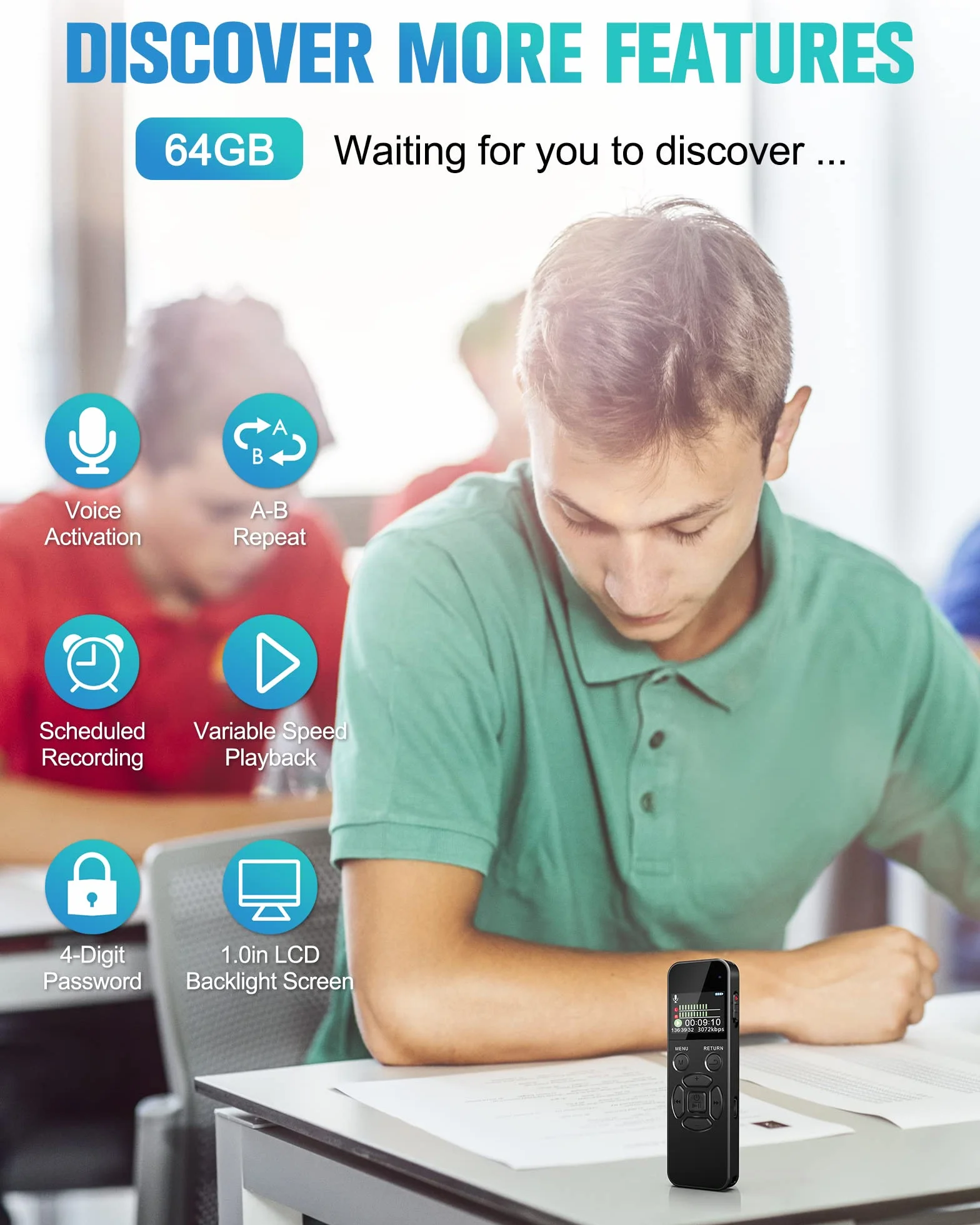 64GB Registratore Vocale Professionale, Registratore Audio con Attivazione Vocale e 35 Ore di Registrazione, Registratore con Riproduzione per Riunioni Interviste Lezioni