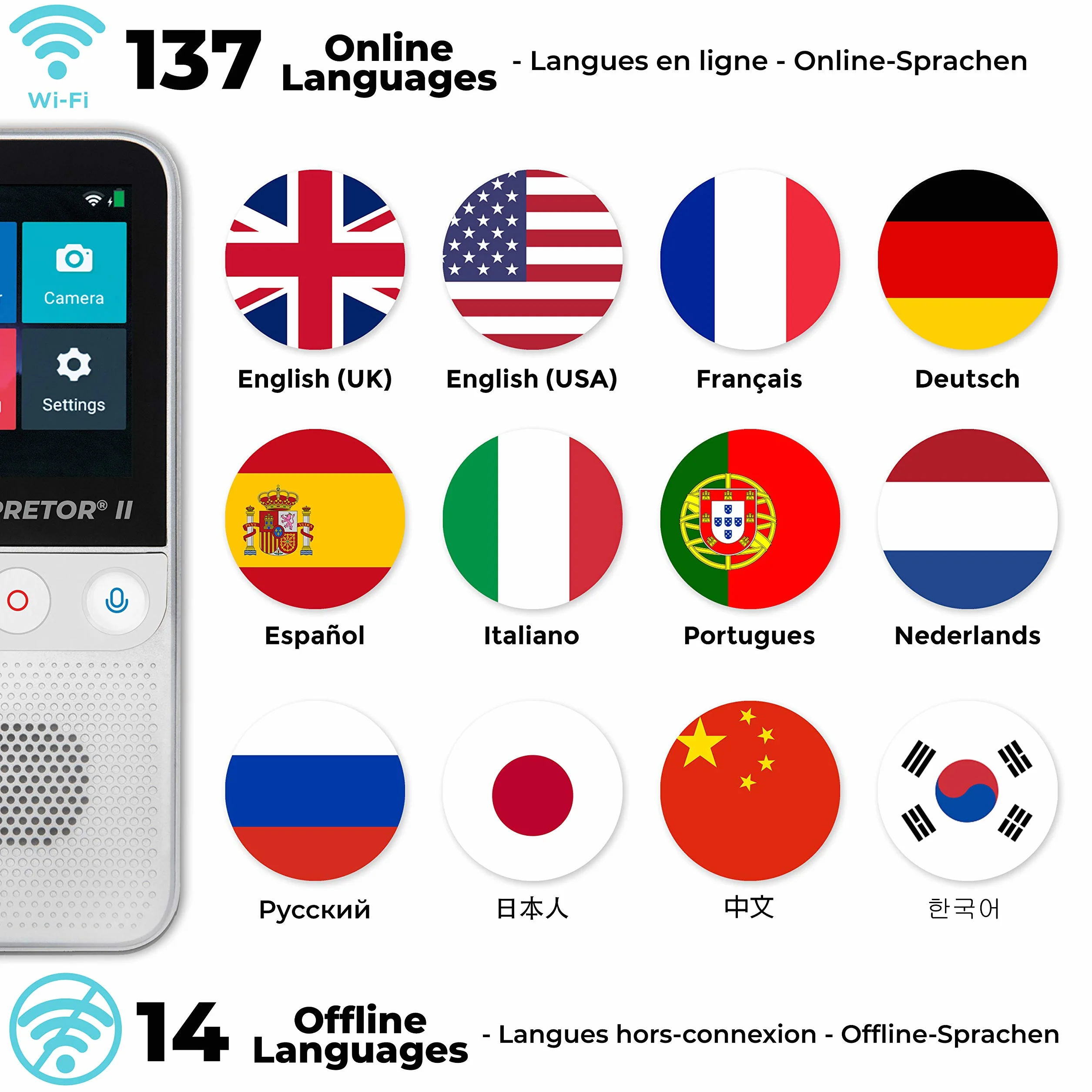 Lexibook, Interpretor 3, Traduttore vocale istantaneo, 137 Lingue, traduzione di Foto e memo, traduttore multilingue Portatile e da Viaggio, Presa per Cuffie, Wi-Fi e Offline, NTL3000