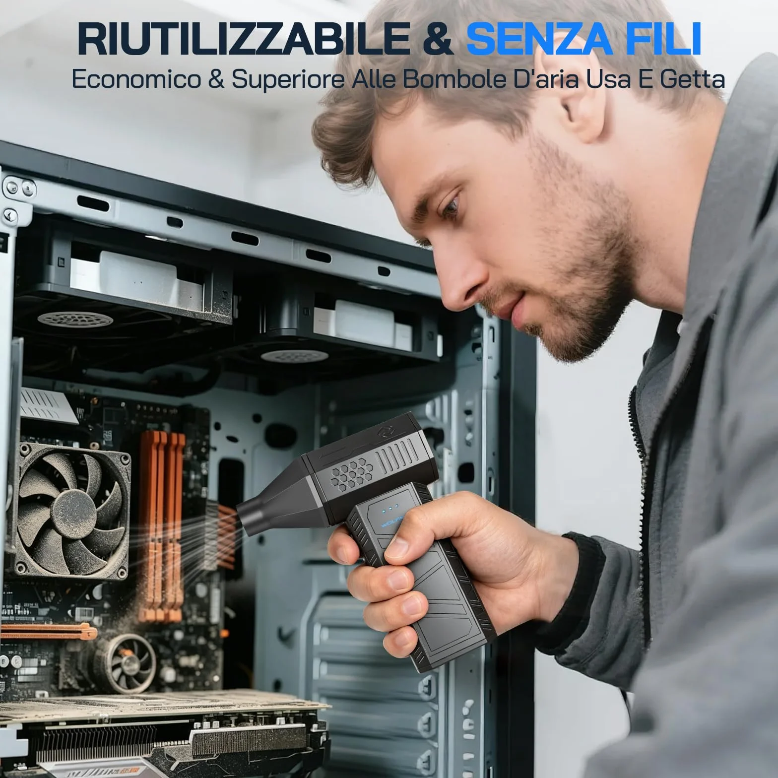 WOLFANG Soffiatore a Batteria, Aria Compressa Elettrico Rimuovi Polvere, Mini Soffiatore Portatile Ricaricabile, Soffiatore Aria Compressa Elettrico 110000 RPM con 3 Velocità