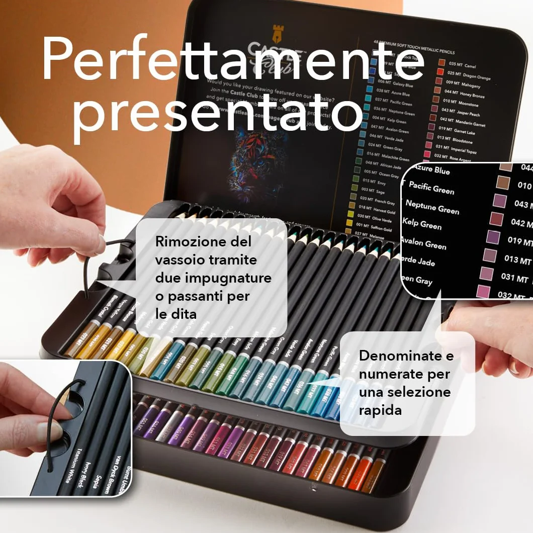 Castle Art Supplies Set di Matite Metalliche | 48 Tonalità Scintillanti dall’Anima in Cera per Artisti Adulti, Professionisti e Coloristi | Protetto e Disposto in un Cofanetto di Metallo