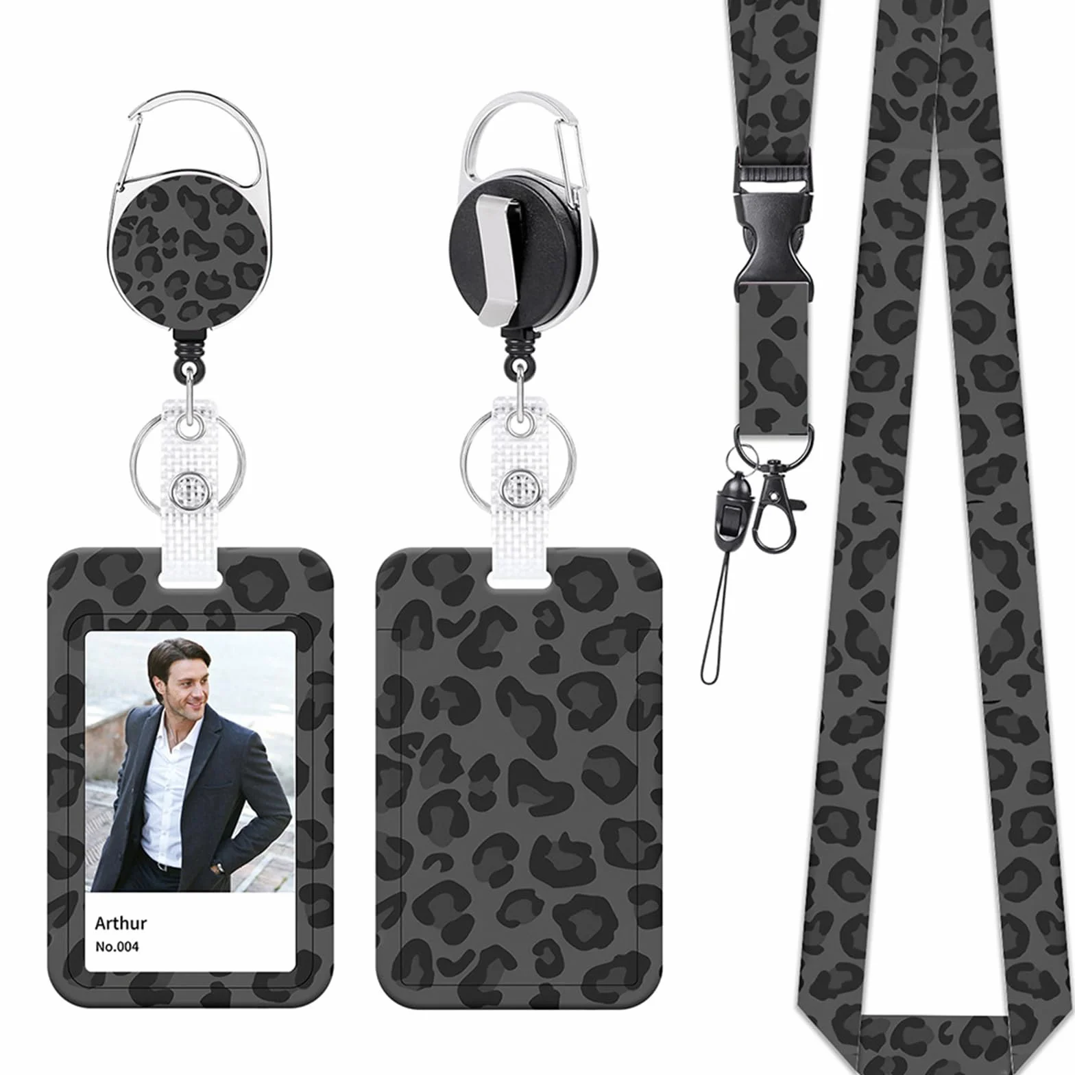 Porta Badge Retrattile Leopardato con Clip e Cordino Staccabile, Badge Holder per Impiegati, Medici, Infermieri, Insegnanti, Grigio
