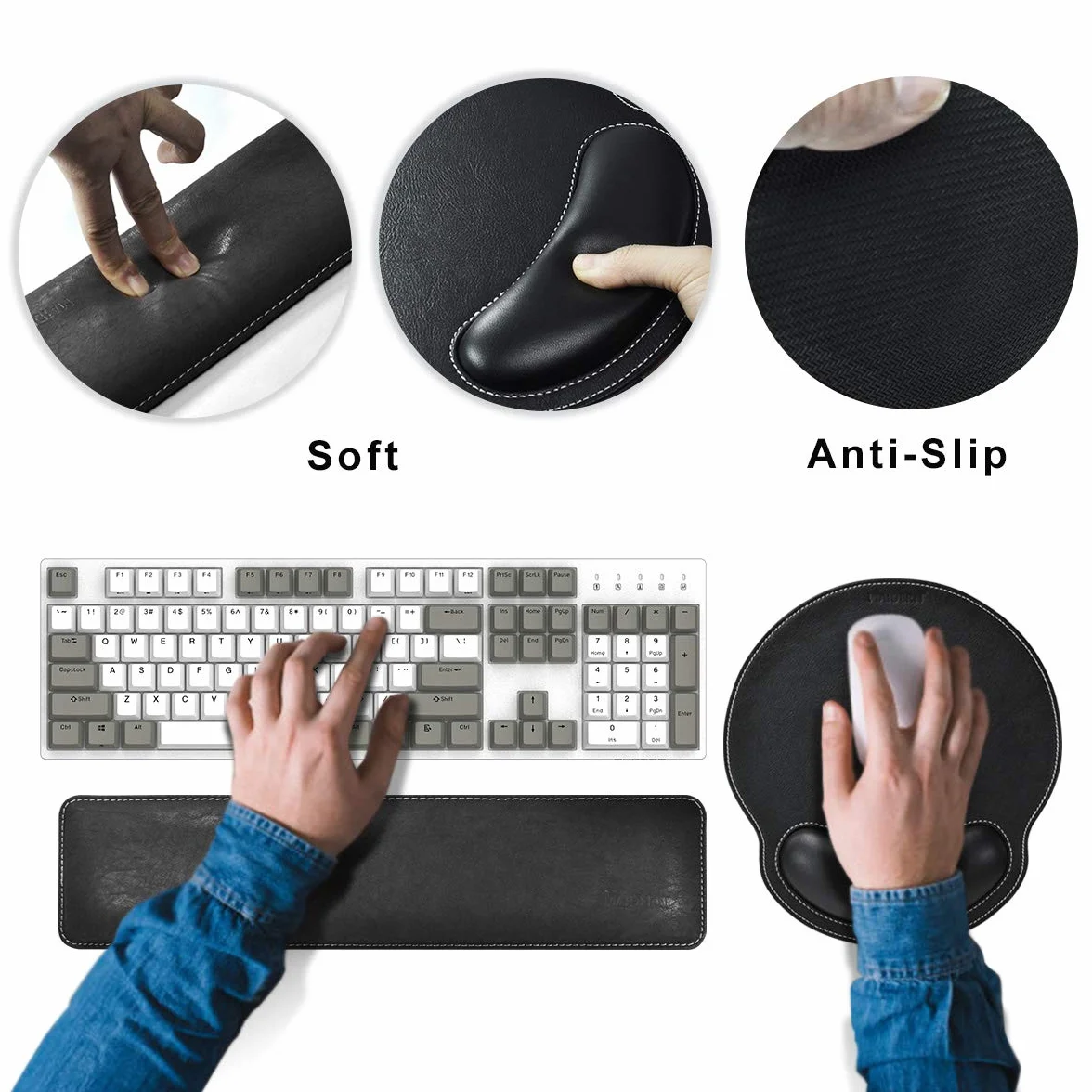 MAIDERN Poggiapolsi per tastiera in pelle PU con supporto per polso, tappetino per mouse memory foam - nero