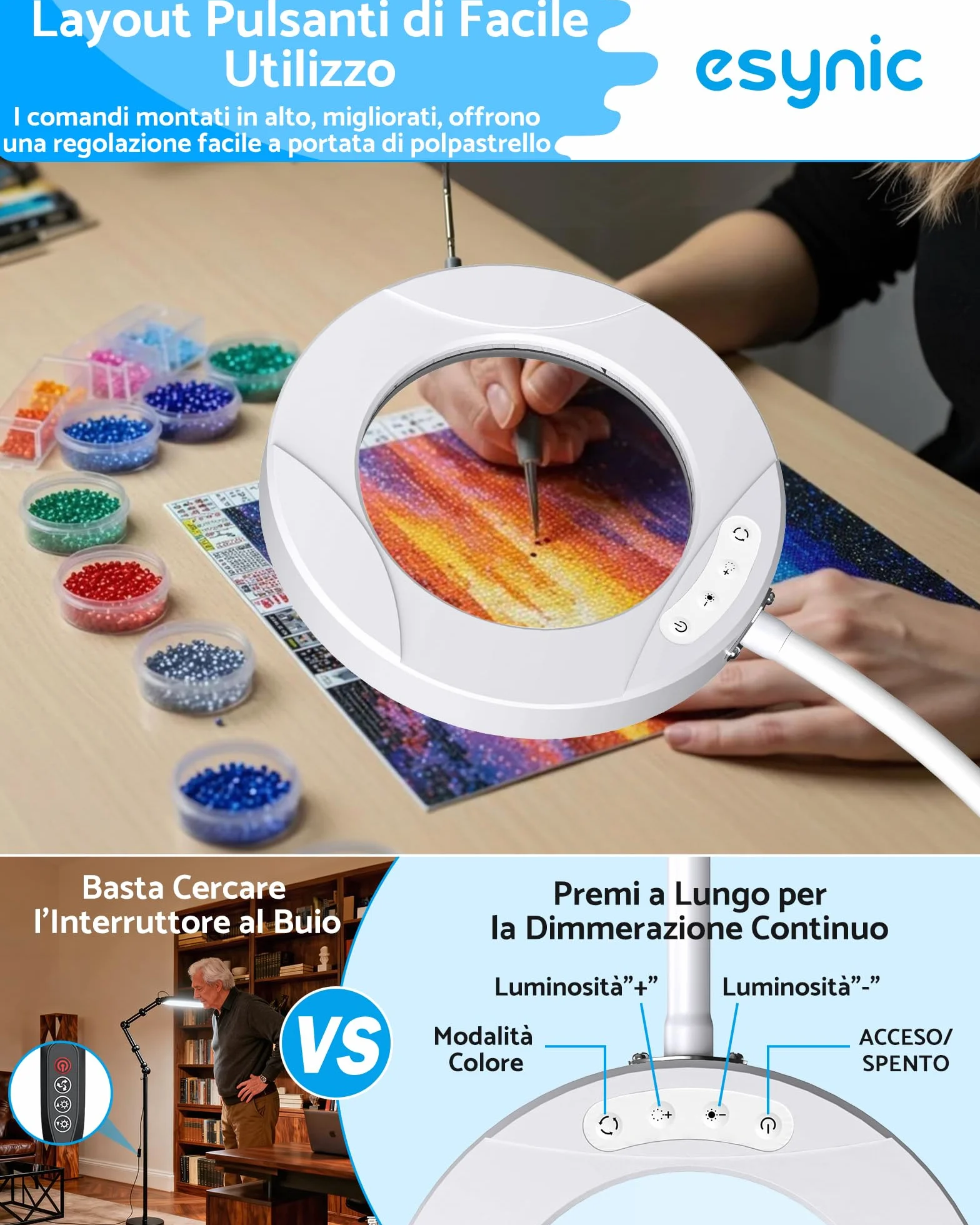 eSynic 2 in 1 Lente di Ingrandimento 5X 10X Lampada LED da Tavolo con Morsetto Staccabile e USB Cavo Integrato, Magnifier a 40 LED, 3 Colori Luce, 5 Temperature 3000-6500K, 10 Luminosità Regolabile