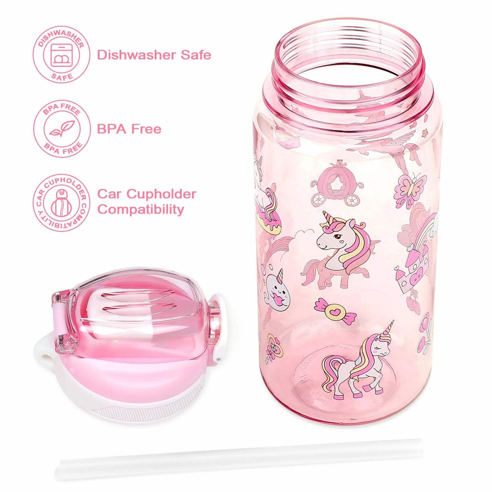 Borraccia Bambini 600 ml con Cannuccia Unicorno Rosa Priva di BPA Lavabile in Lavastoviglie