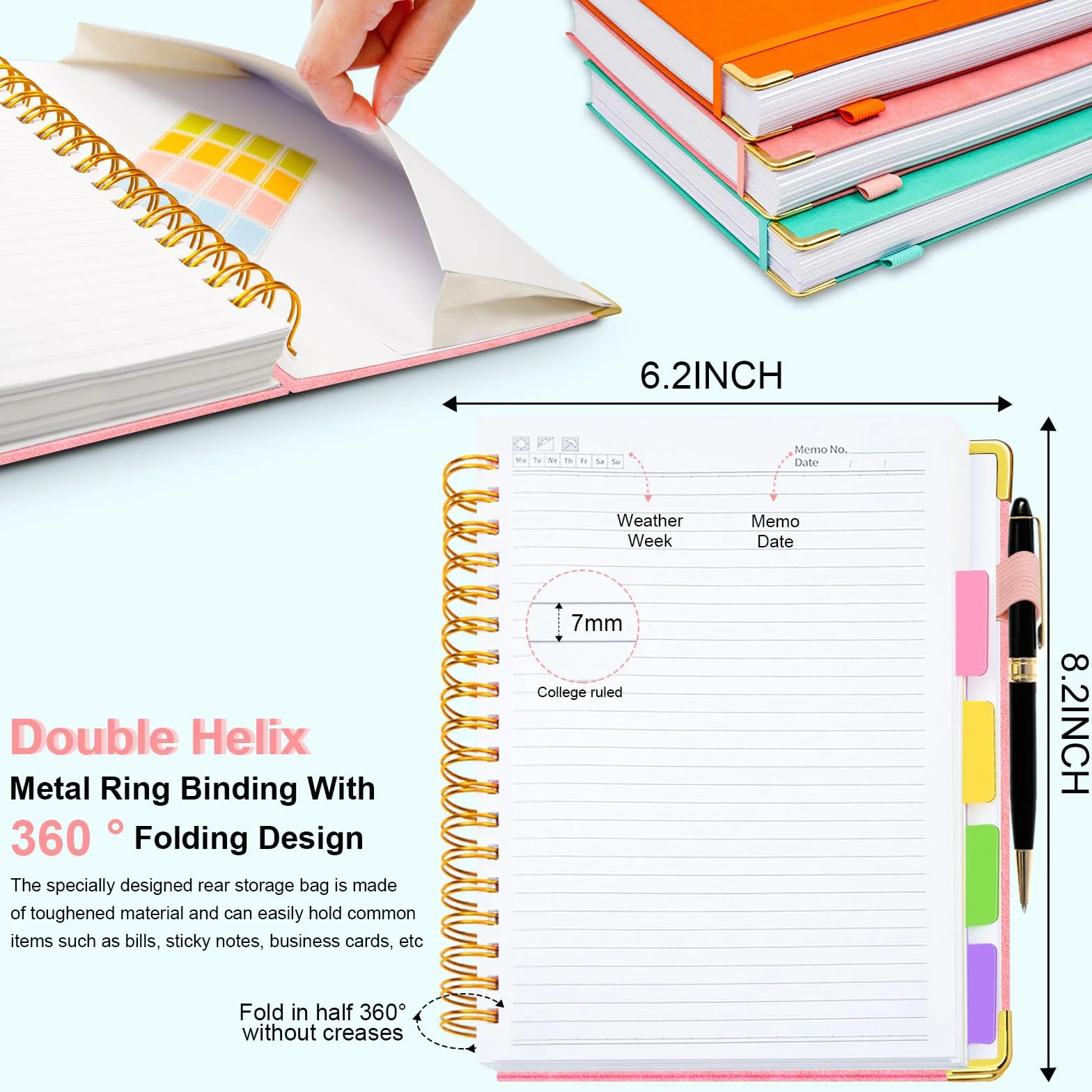 Taccuino a spirale con copertina rigida, 15,7 x 20,8 cm, con linguette e divisori rimovibili, 300 pagine, 5 soggetti, a righe, in ecopelle, per donne, scuola, lavoro (rosa)