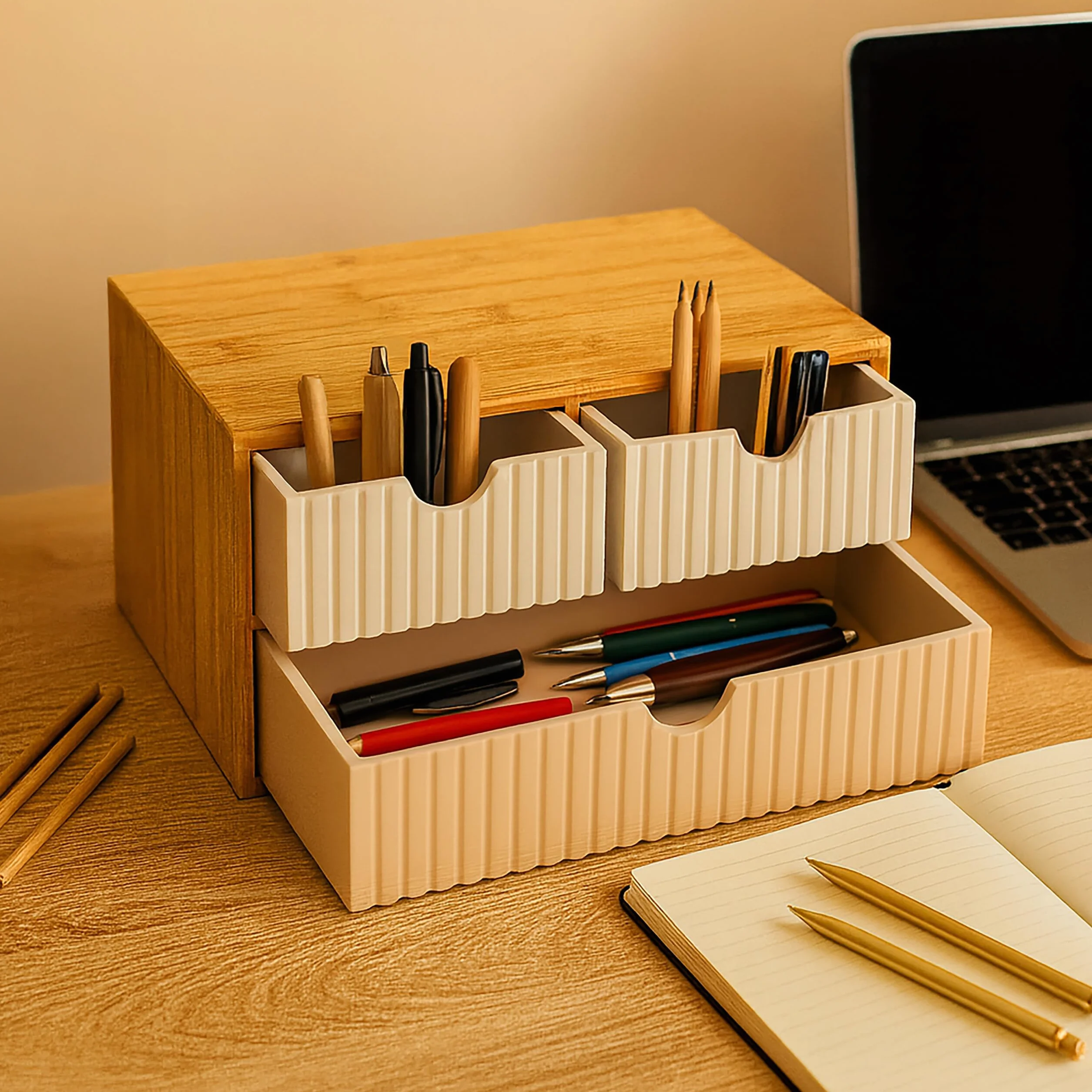Contenitore a cassetti Relaxdays, bambù e MDF, 3 cassetti, H x L x P: 15 x 30 x 20 cm, Organizer scrivania, Bianco/Rosa