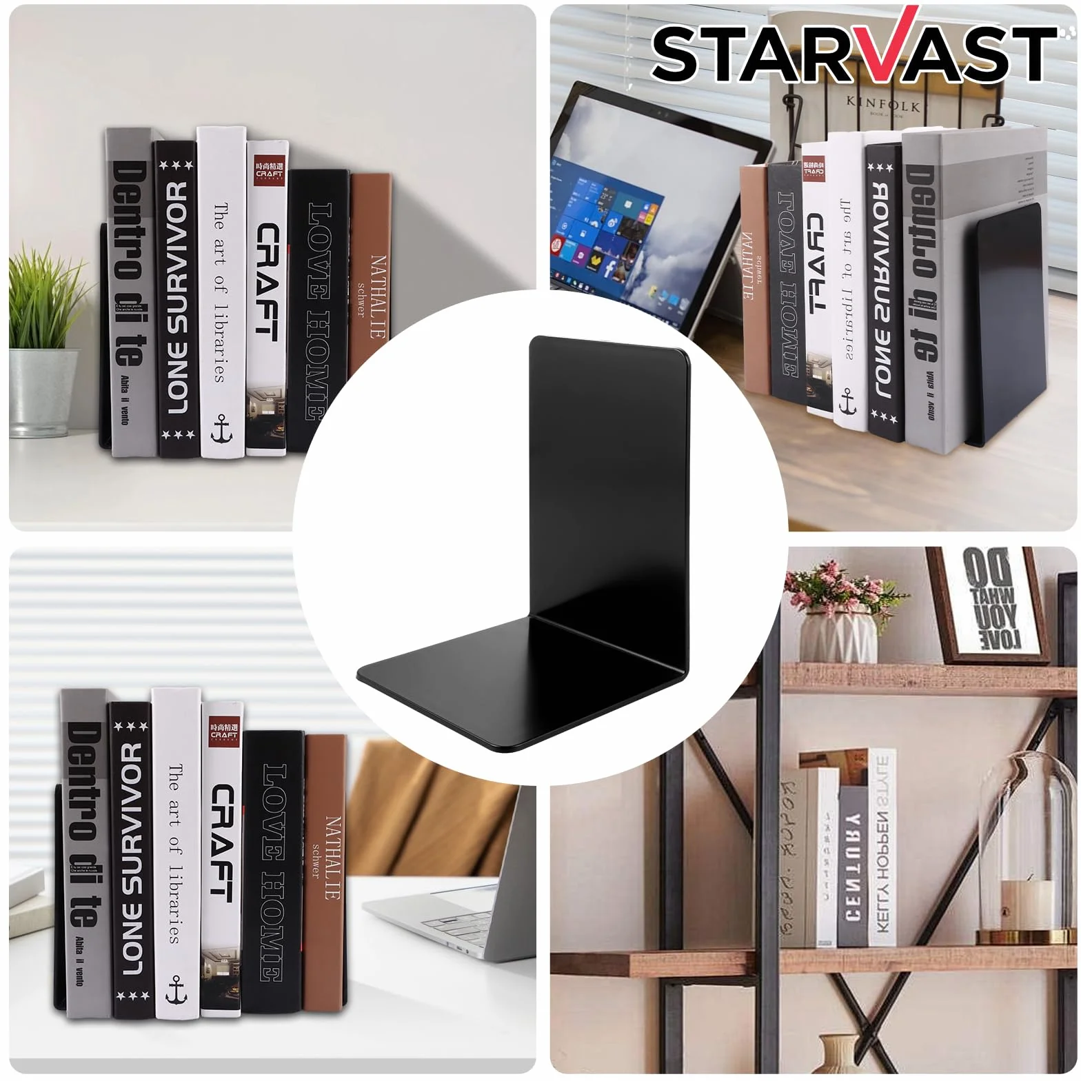 STARVAST 20 fermalibri in metallo, 17 x 12 x 11,8 cm, con tappetino antiscivolo, supporto per lettura, per scuola, ufficio e casa, nero