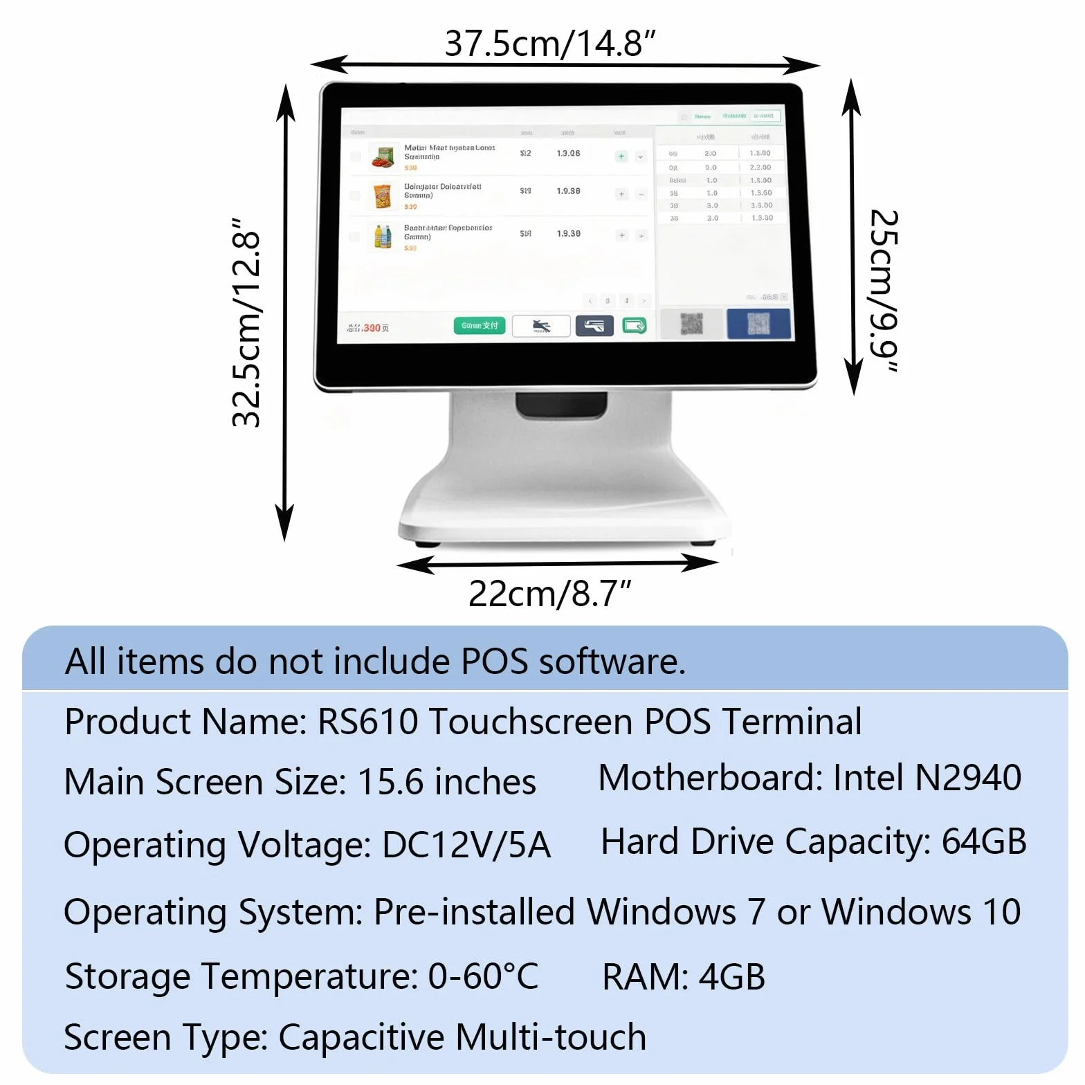 Egistratore di Cassa Commerciale-Sistema POS con Schermo Tattile 15.6" FHD-Registratore di Cassa Touchscreen -4g + 64g- Cassa Professionale per Ristoranti e Negozi