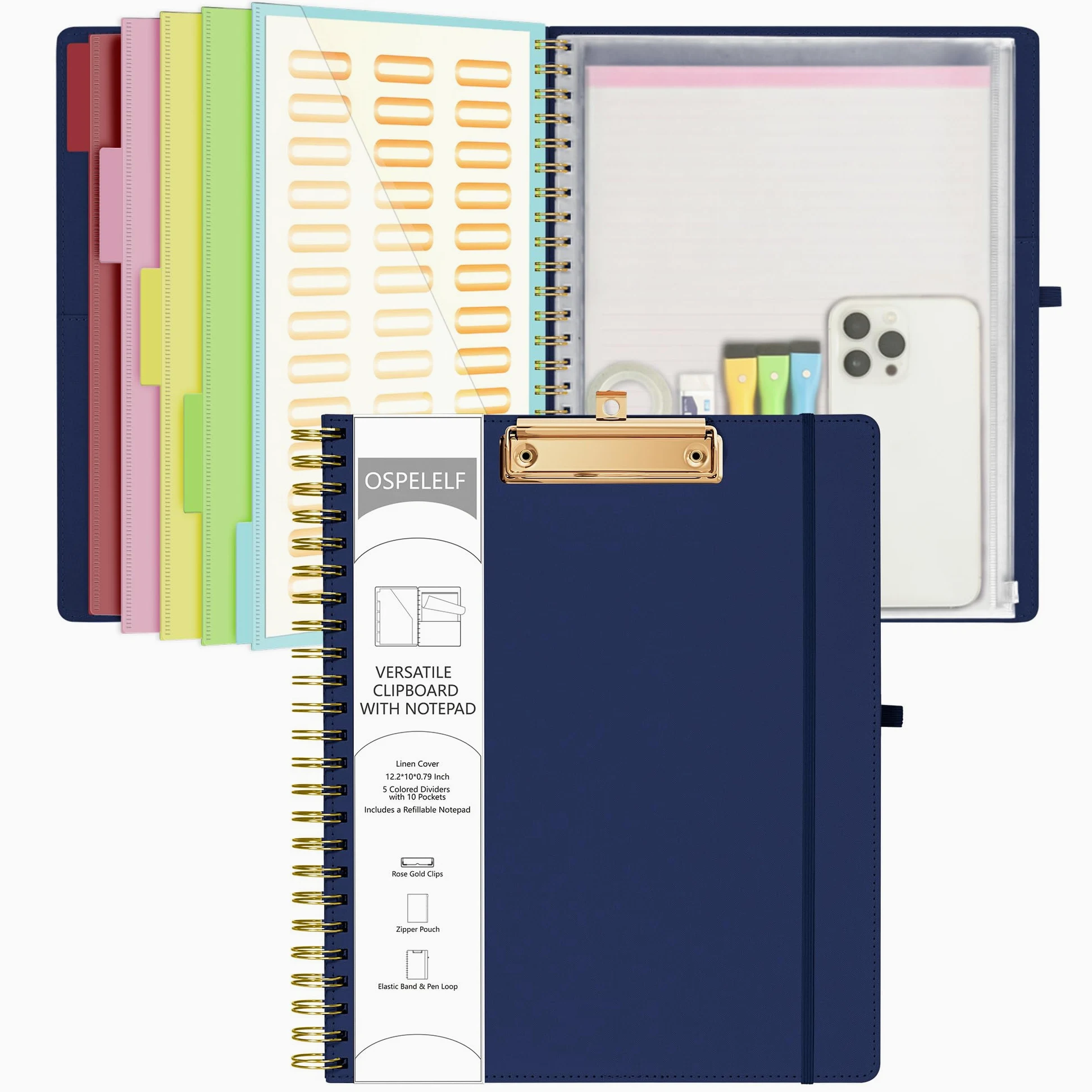 Ospelelf Bule, portablocco pieghevole a spirale, con tasca con cerniera, 5 cartelle in plastica con 10 tasche, blocco note foderato ricaricabile (27,9 x 21,6 cm), organizer per progetti con copertina