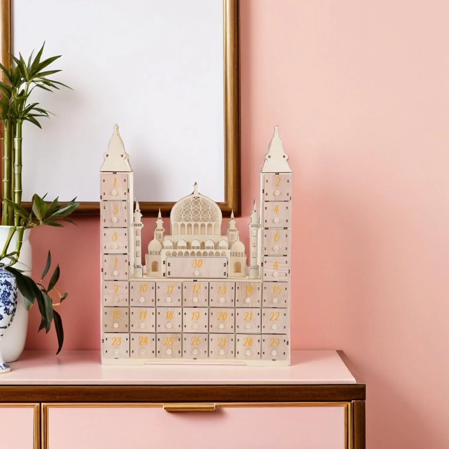 TEHAUX Calendario Design Compatto e Freestanding Conto alla Rovescia Ramadan in Legno con Cassetti e FESTIVITÀ Eid Decorazione da Tavolo per Famiglie Musulmane