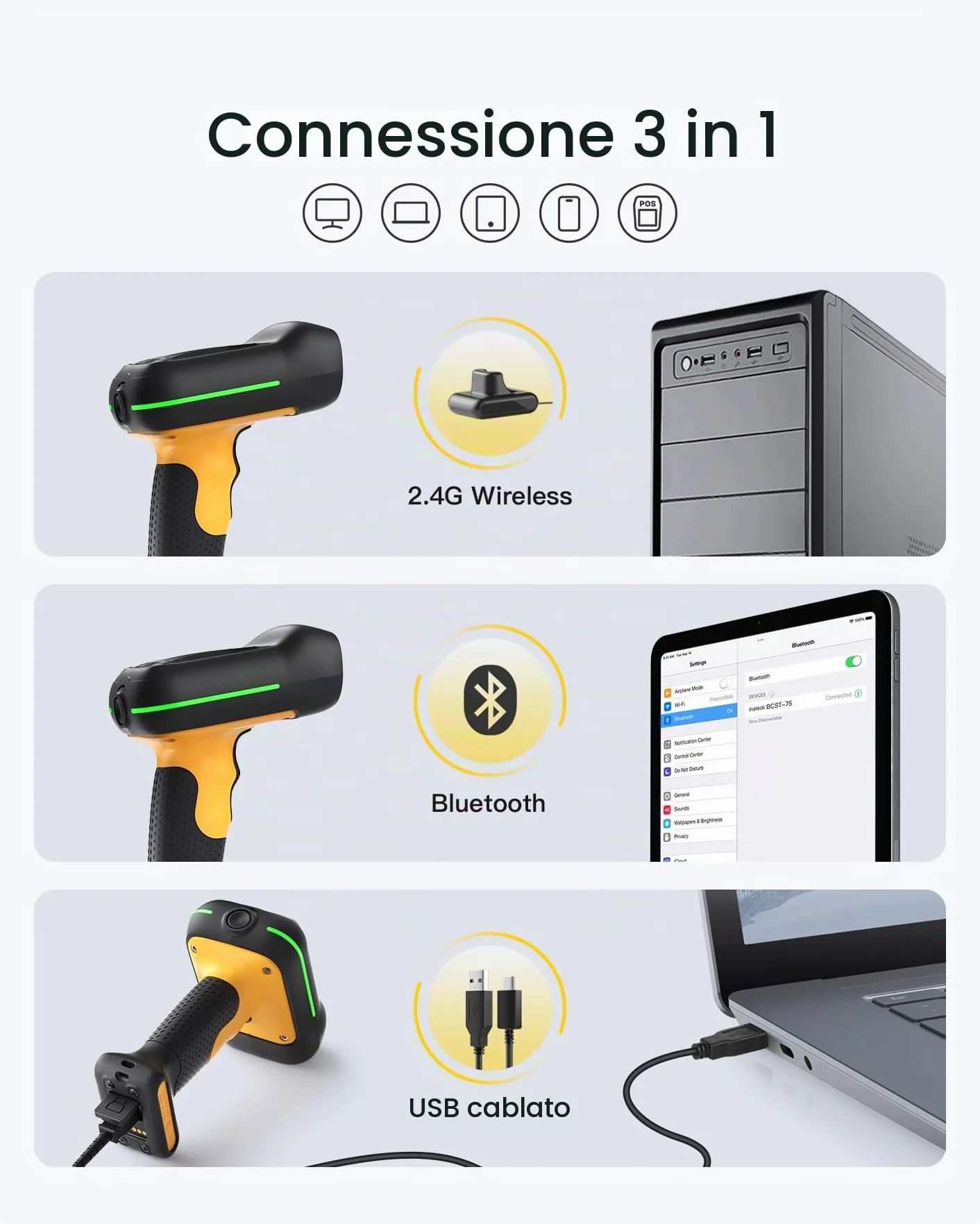 Inateck BCST-75S - Scanner di codici a barre industriale senza fili, 2D QR con stazione di ricarica intelligente, IP67 impermeabile e antipolvere, lettore di codici a barre con batteria da 2600 mAh,