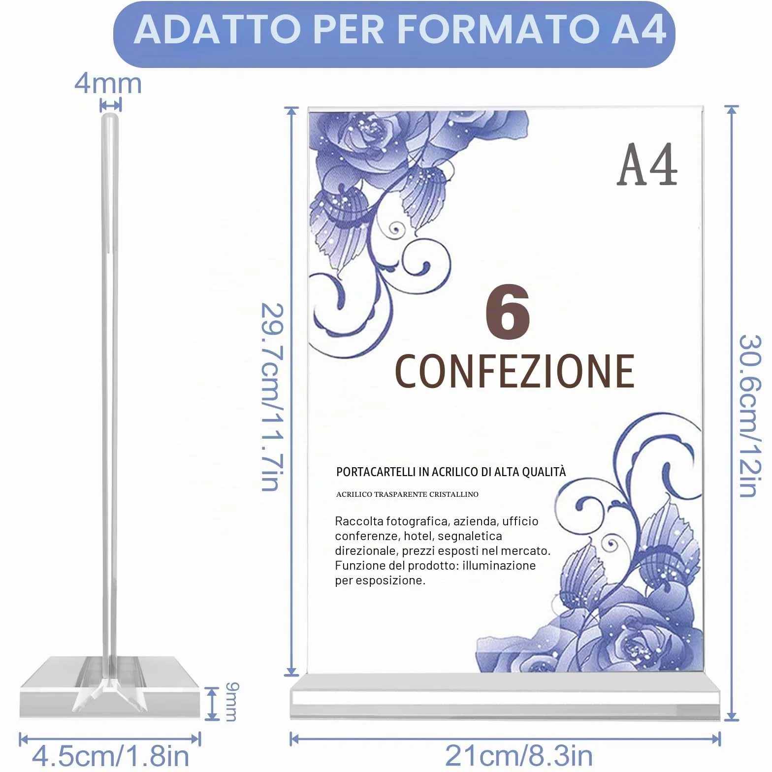 Flow fire Espositore per menù, formato A4, in acrilico, 6 pezzi, a forma di T, formato A4 per poster, uffici, negozio, ristoranti
