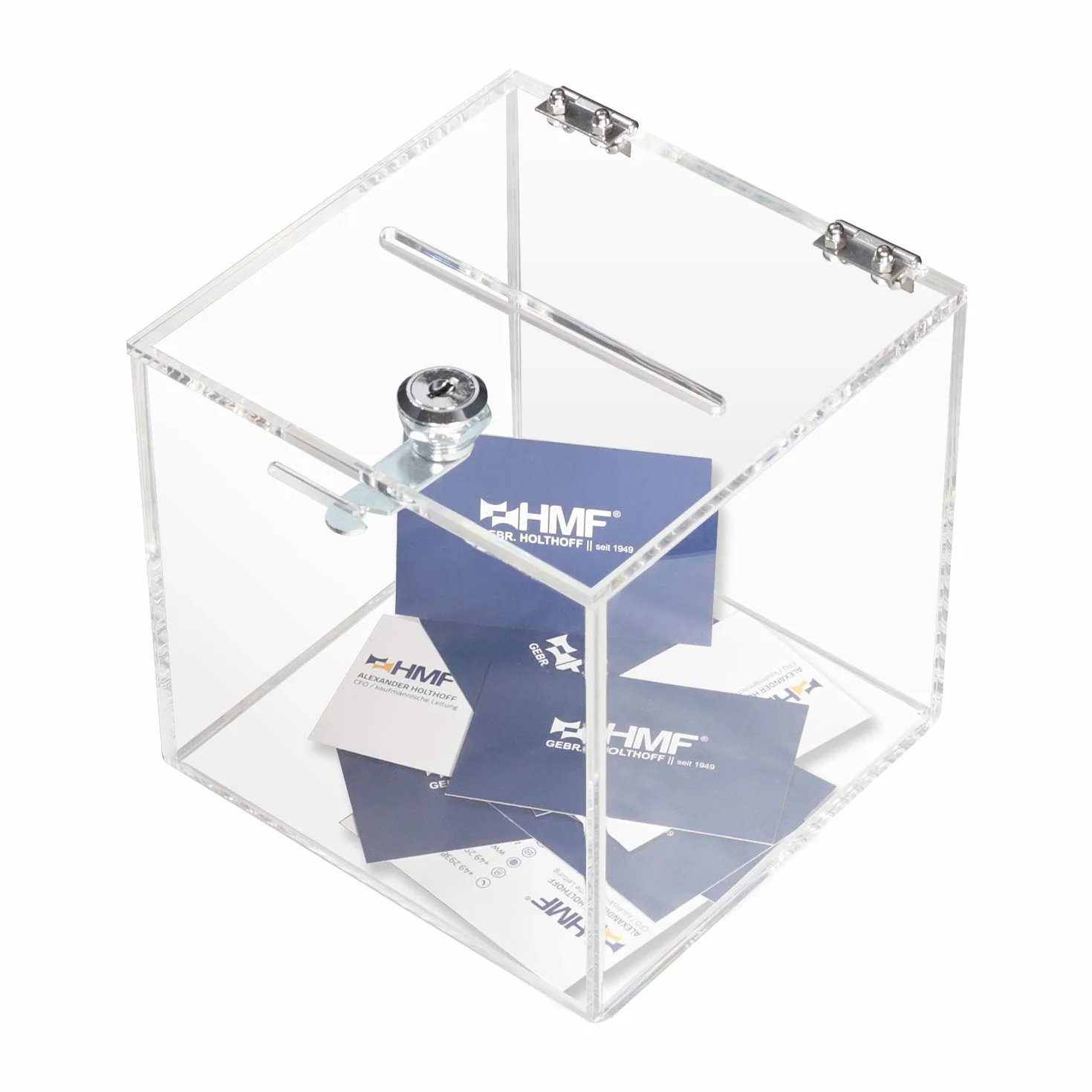 HMF 46919 Scatola per donazioni in acrilico con chiave | urna per votazioni | 15 x 15 x 15 cm | DIN A6 | Trasparente