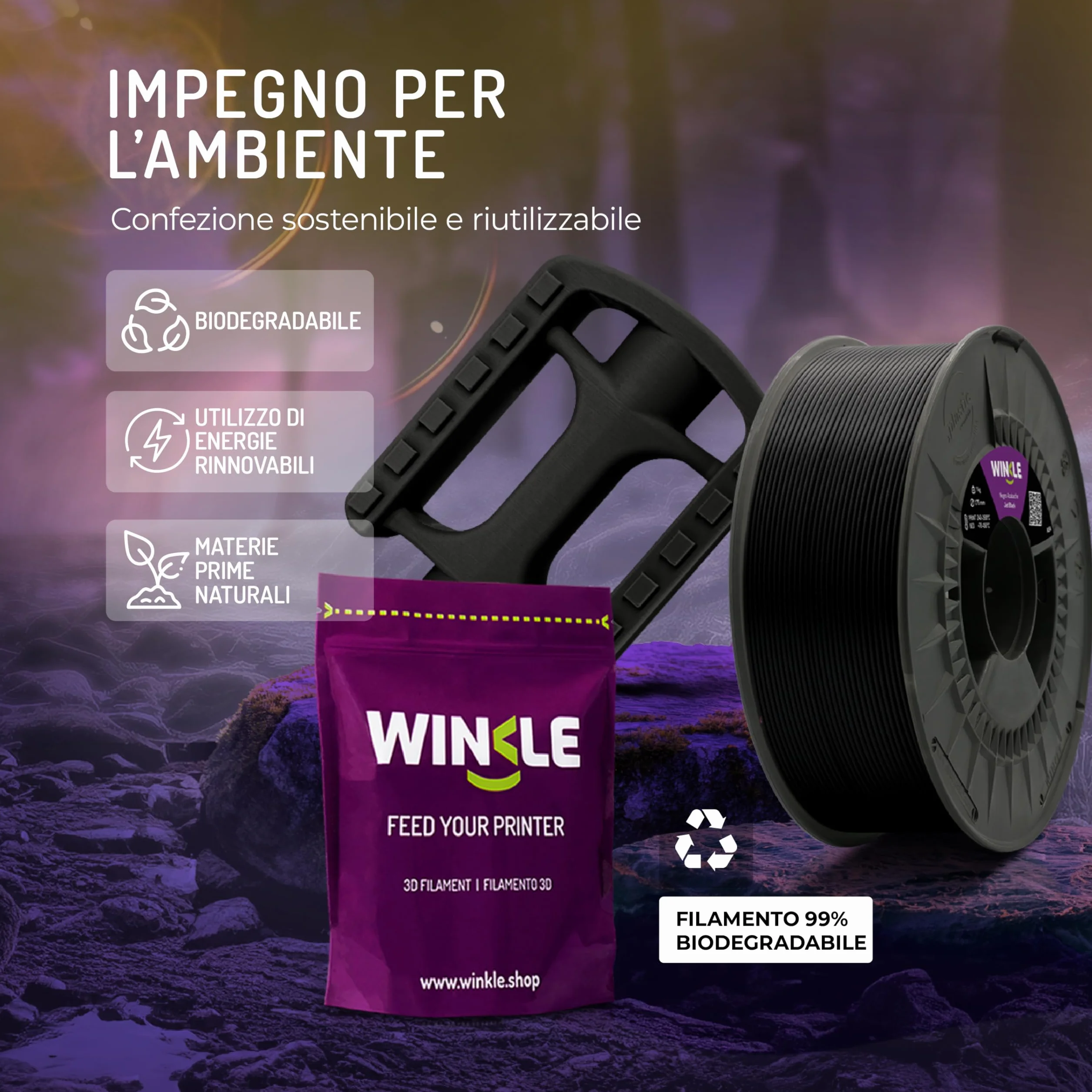 WINKLE Filamento ASA 1.75mm Nero Corvino 250g Bobina per Stampante 3D FDM Precisione Dimensionale +/- 0.05mm Resistente UV Calore