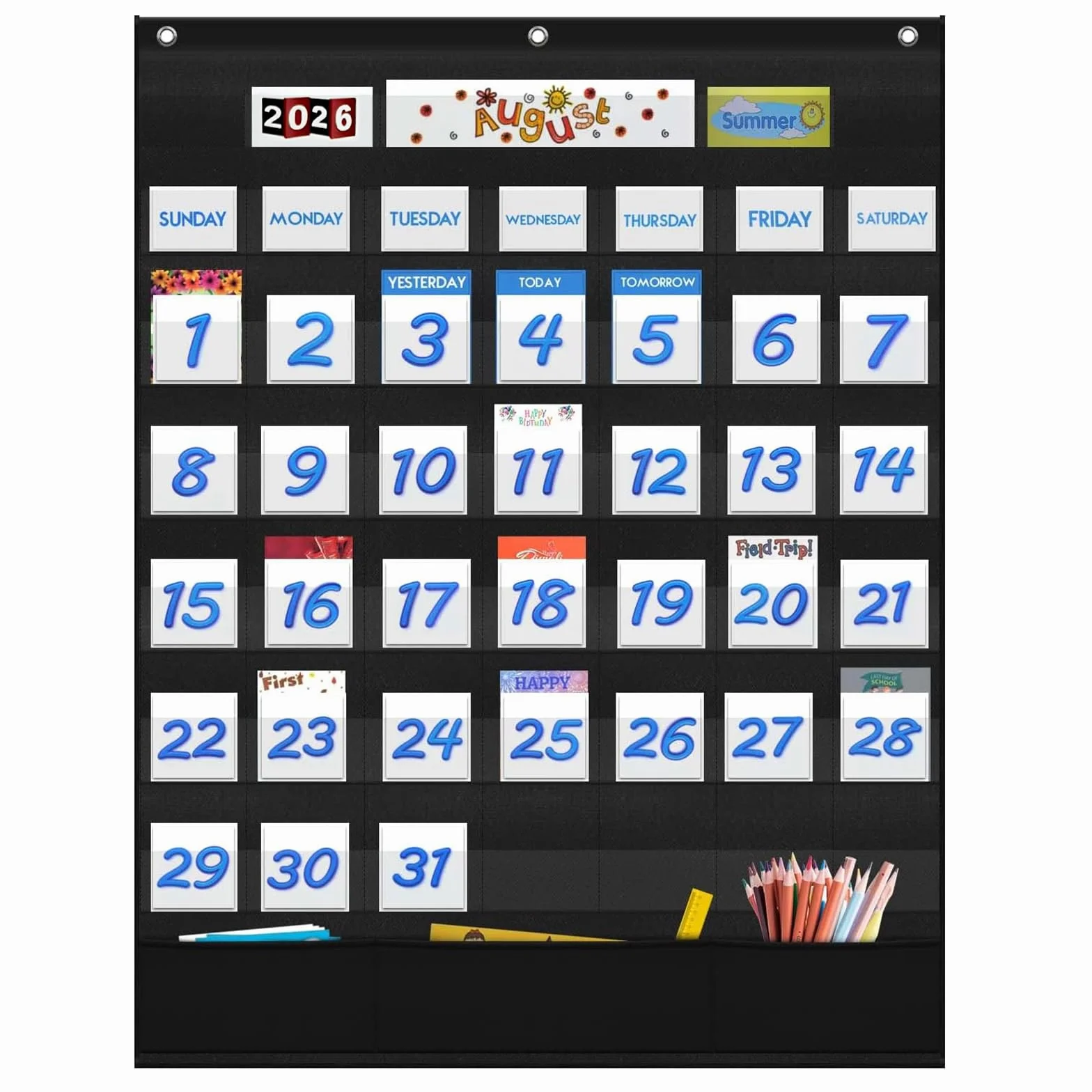 Eamay Calendario mensile in aula con 43 tasche, 3 tasche portaoggetti per facile parete o supporto grafico (nero)