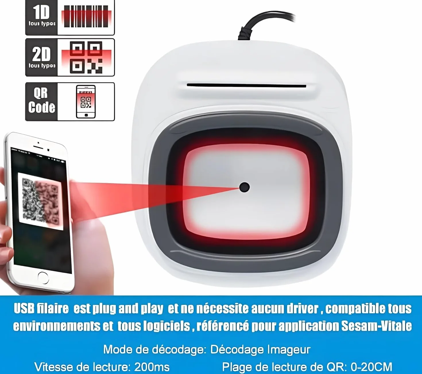 Lettore di schede Vitale DC300, 3 in 1: QR Code - NFC - Scheda singola - Plug and Play, nessun driver da installare