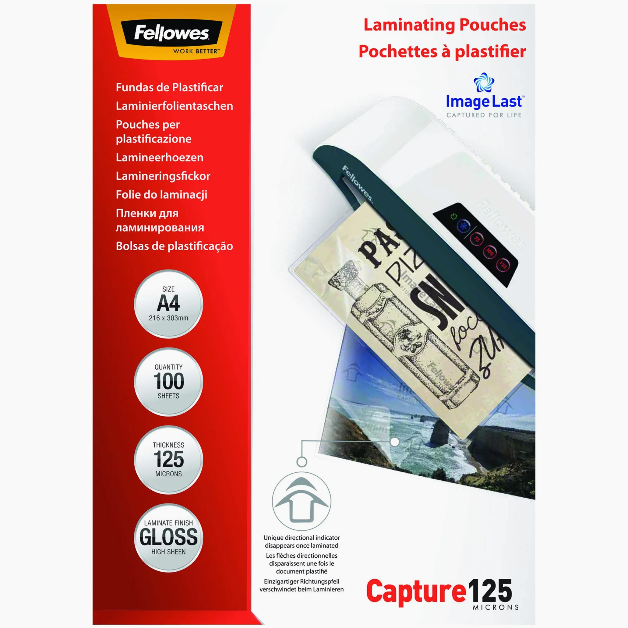 Fellowes 5307407 Pouches Di Plastificazione, Formato A4, 125 Micron, Confezione Da 100 Pezzi & 5306207 Pouches Lucide Enhance80, Formato A3, 80 Micron, Confezione Da 100 Pezzi
