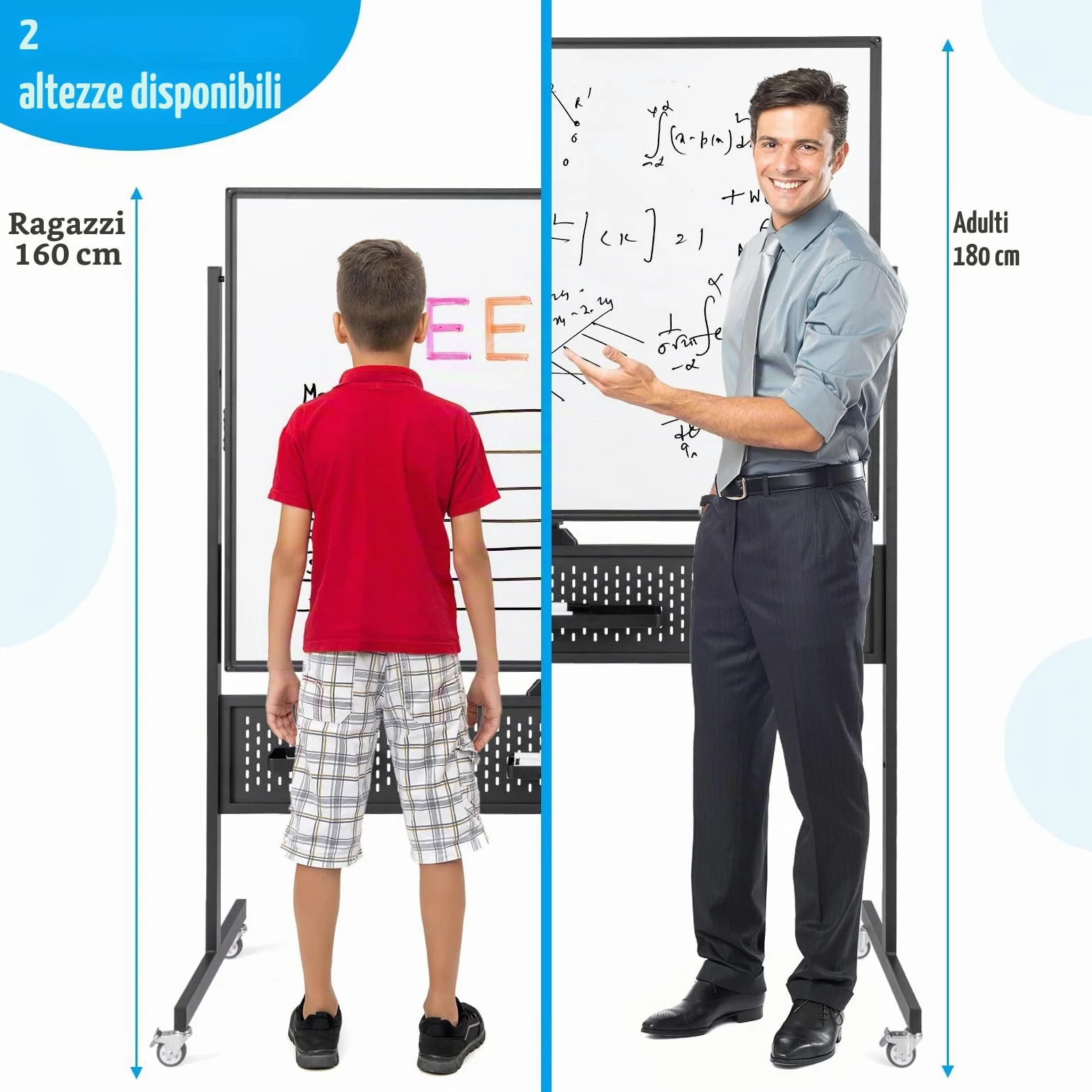 GIANTEX Lavagna bianca mobile double face, 120 x 90 cm, lavagna magnetica su gambe regolabile in 2 altezza, telaio in metallo, pannello perforato, 12 magneti, lavagna bianca rotella, nero