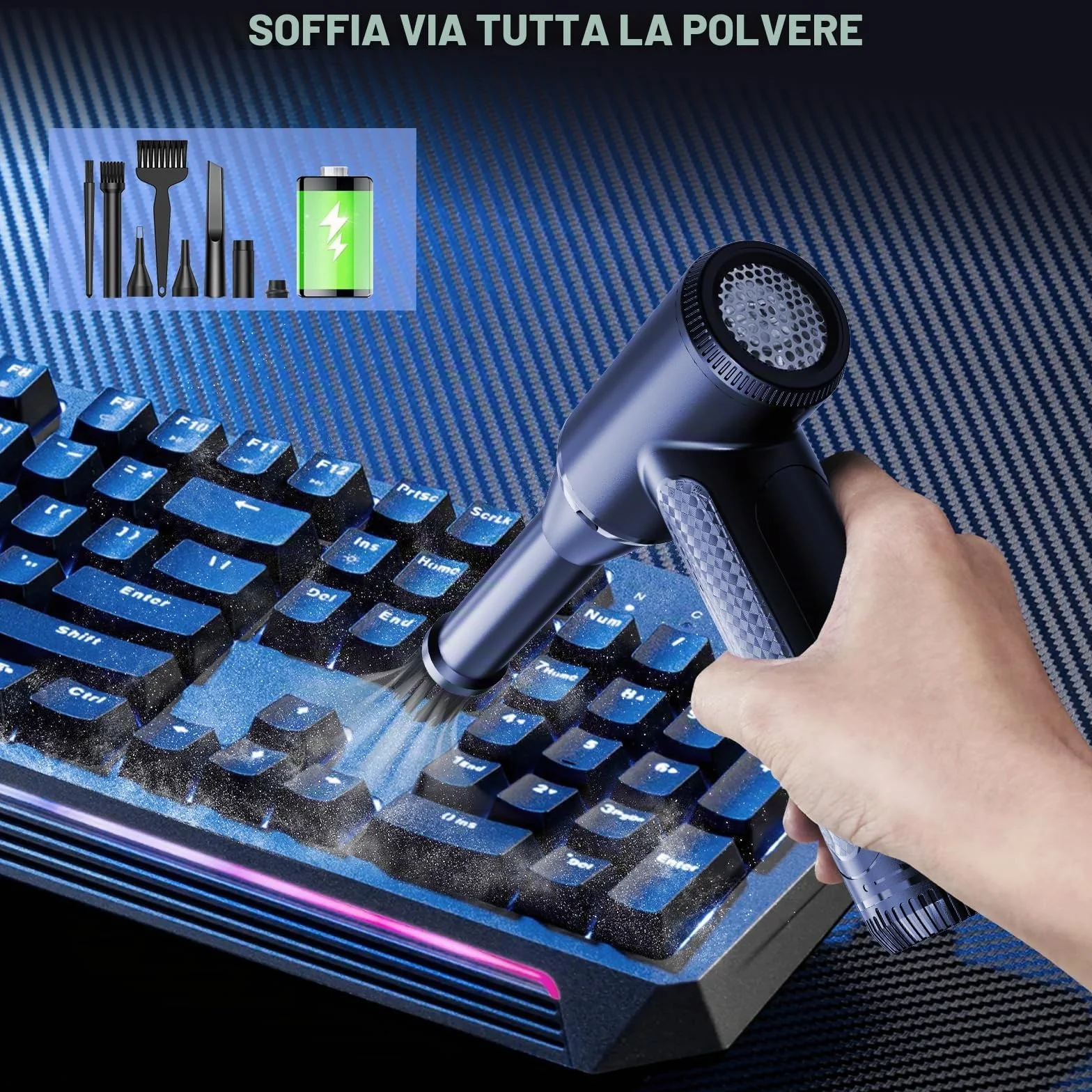Soffiatore ad Aria Compressa, Pejevir 3 Velocità 150000 Giri/Min Elettrico Rimuovi Polvere Aria Compressa, Type-C Ricaricabile, Aria Compressa Elettrico per Pulizia del PC Divano Tastiera Auto