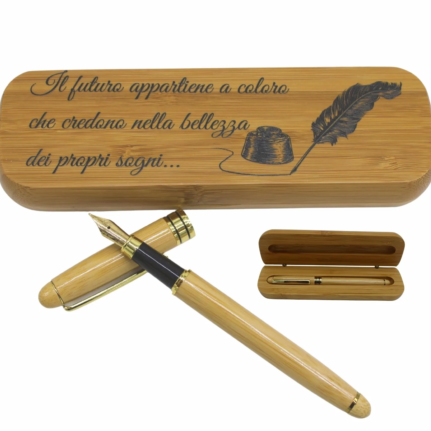 Amore Legno Sforza Penna Stilografica Elegante, Regalo Uomo Donna Laurea Compleanno con Frasi Motivazionali, Scatola Bamboo