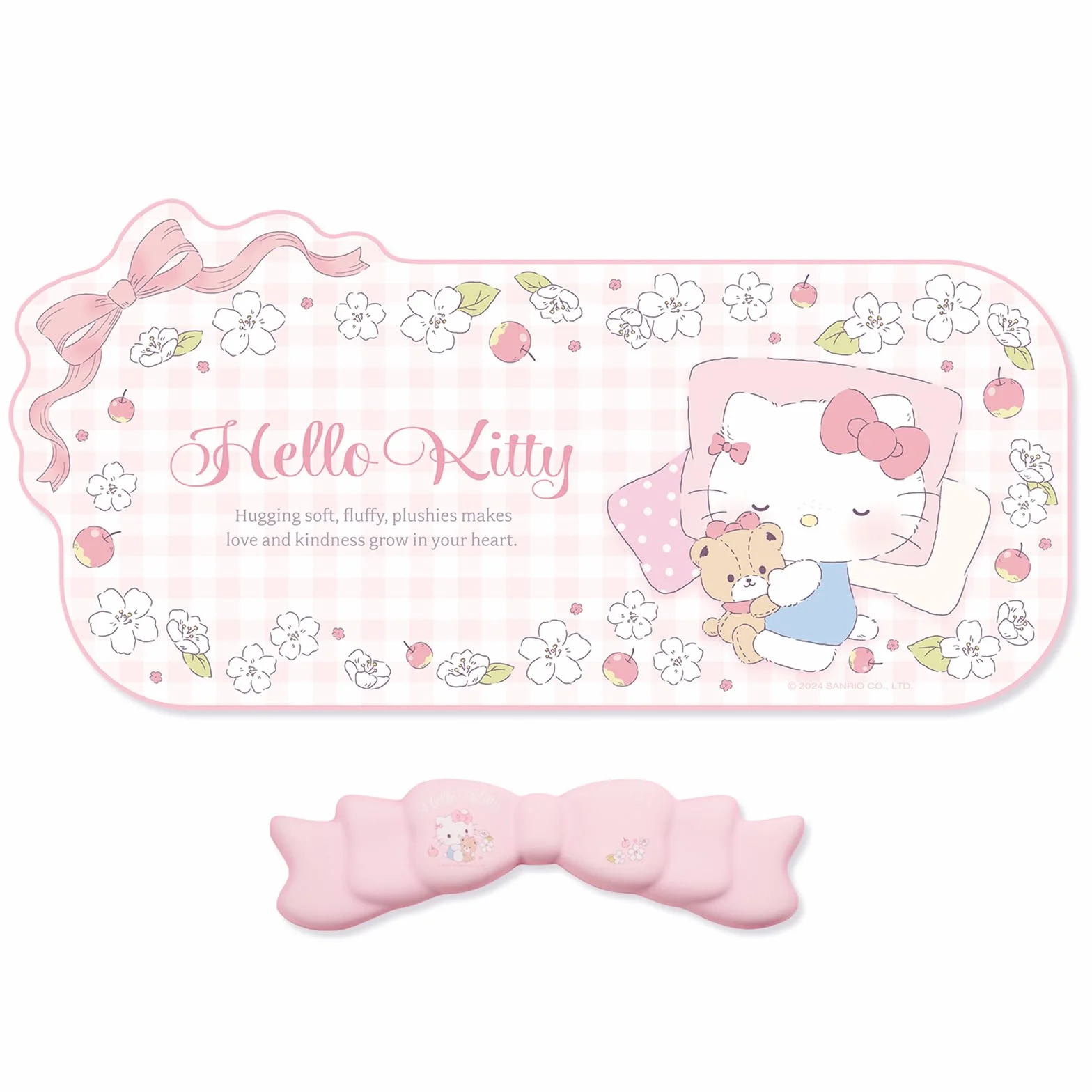 Kuitmor Set Tappetino Anime Kawaii con Supporto Polsi - Tappetino Antiscivolo e Cuscino Polsi Memory Foam a Fiocco per Tastiera e Mouse, Ideale per Gaming e Ufficio Casa - Hello Cat (Rosa)