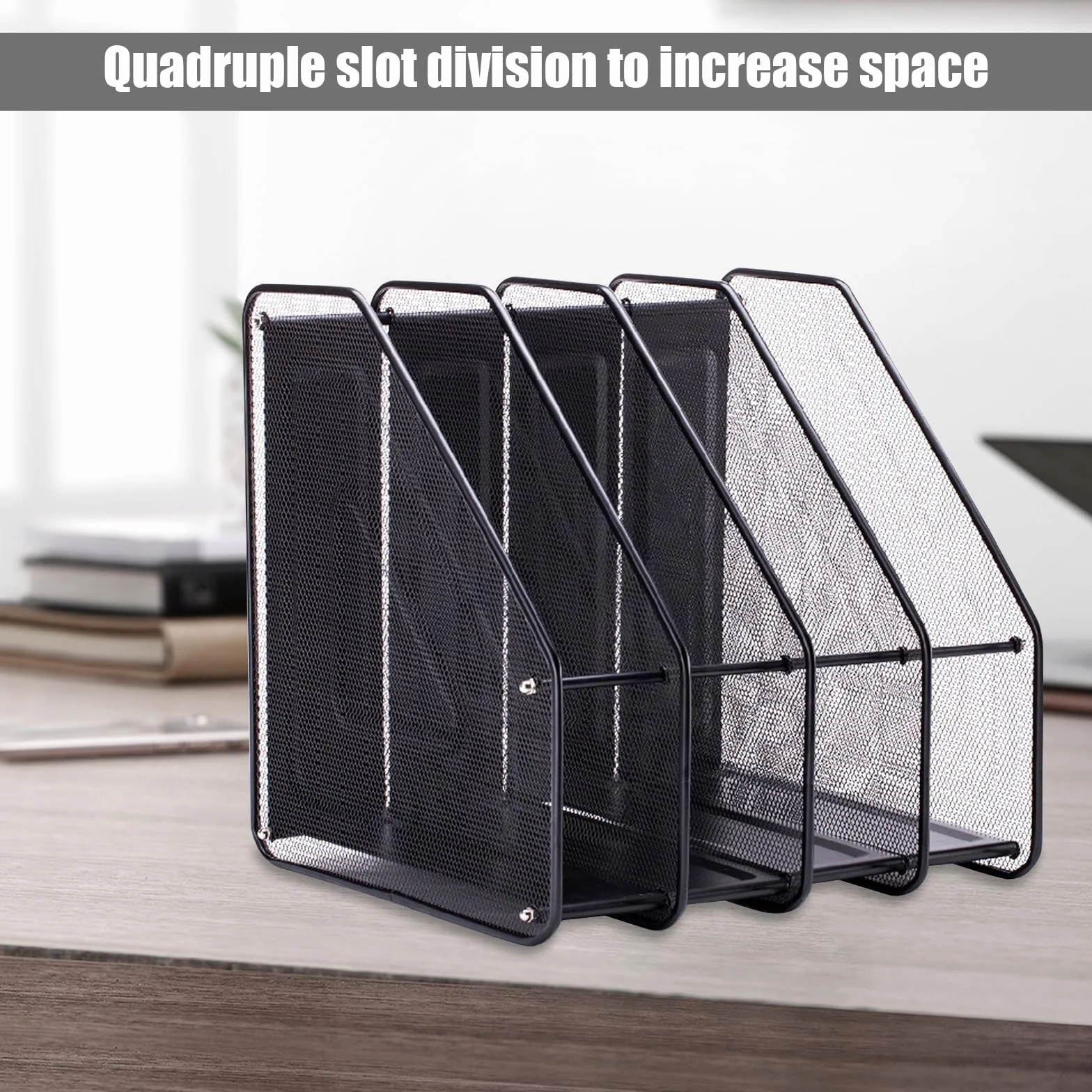 Naapesi Porta riviste da ufficio in metallo a 4 scomparti, organizer per documenti Magazine Holder Rack, organizer per riviste in rete metallica per casa scuola (nero)