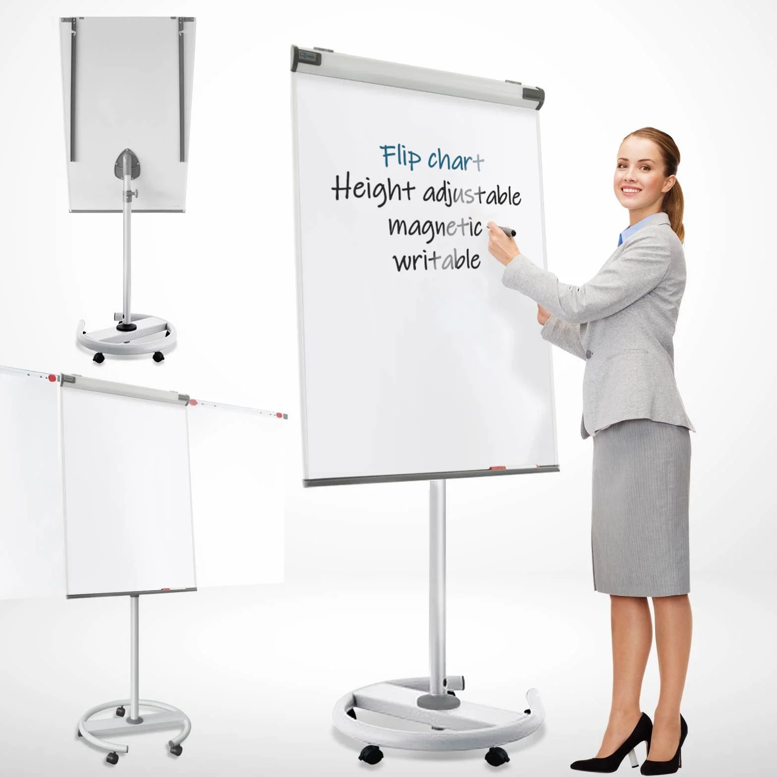 MOB Flipchart Shark Lavagna bianca mobile con base a rullo, 73 x 105 cm, regolabile in altezza fino a 210 cm, scrivibile, lavabile a secco, magnetica, con lavagna magnetica arrotolabile e bracci