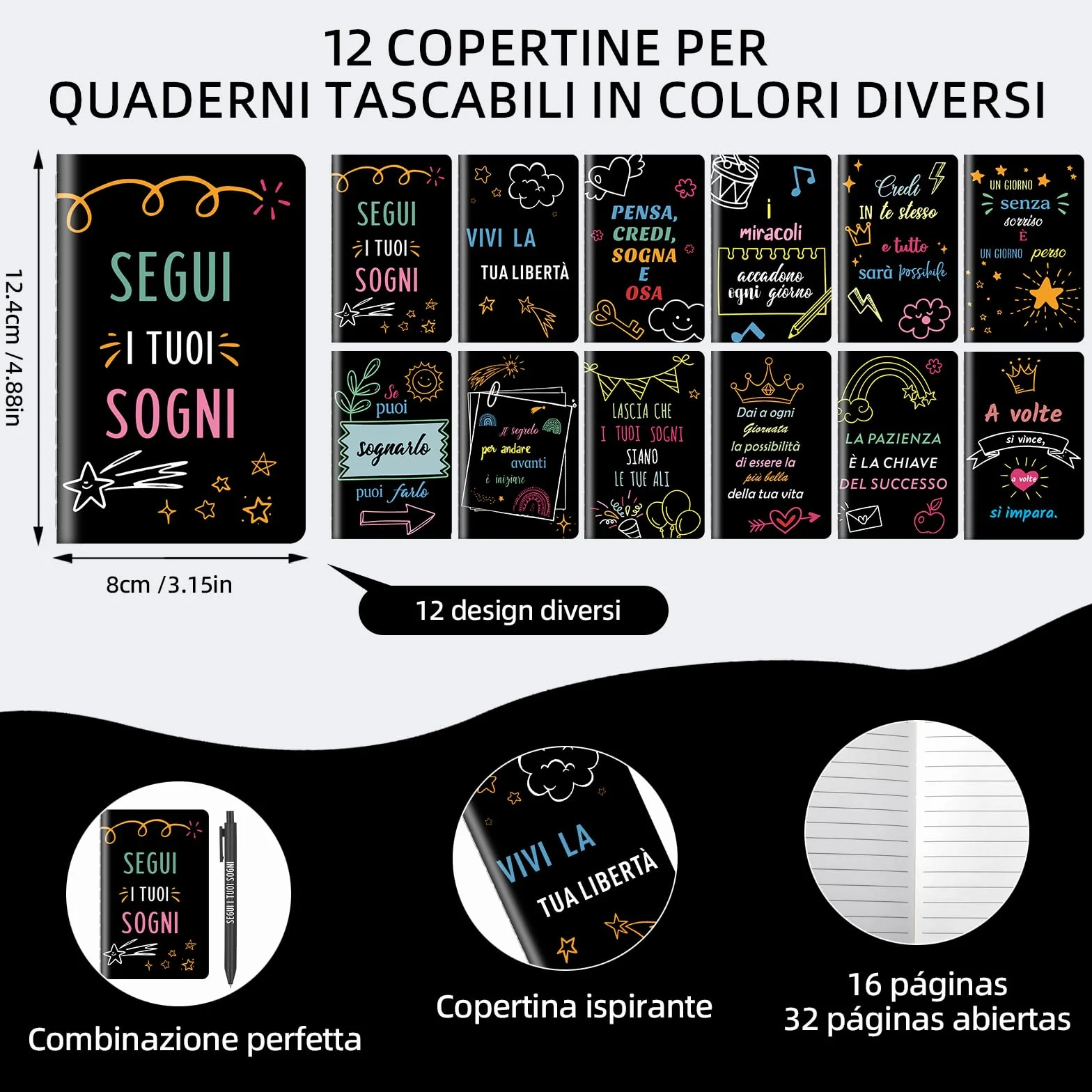 12 zestaw regalo citazioni motivazionali quaderni penne a sfera