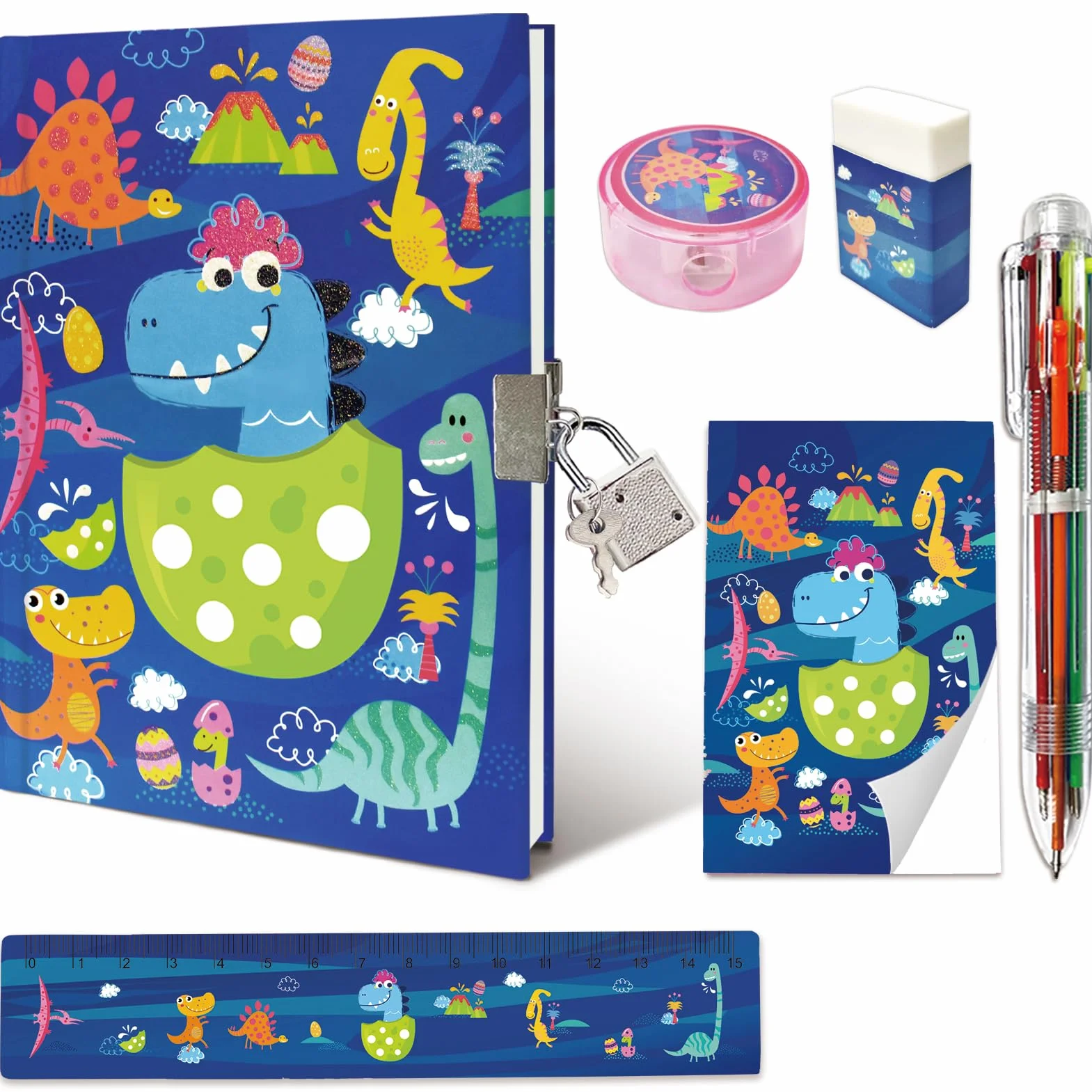 Zestaw Diario Segreto Bambino Blu Dinosauro z Lucchetto, Penna 6 Kolorów, Mini Notes, Righello, Temperamatite dla Dzieci 6-10 Lat