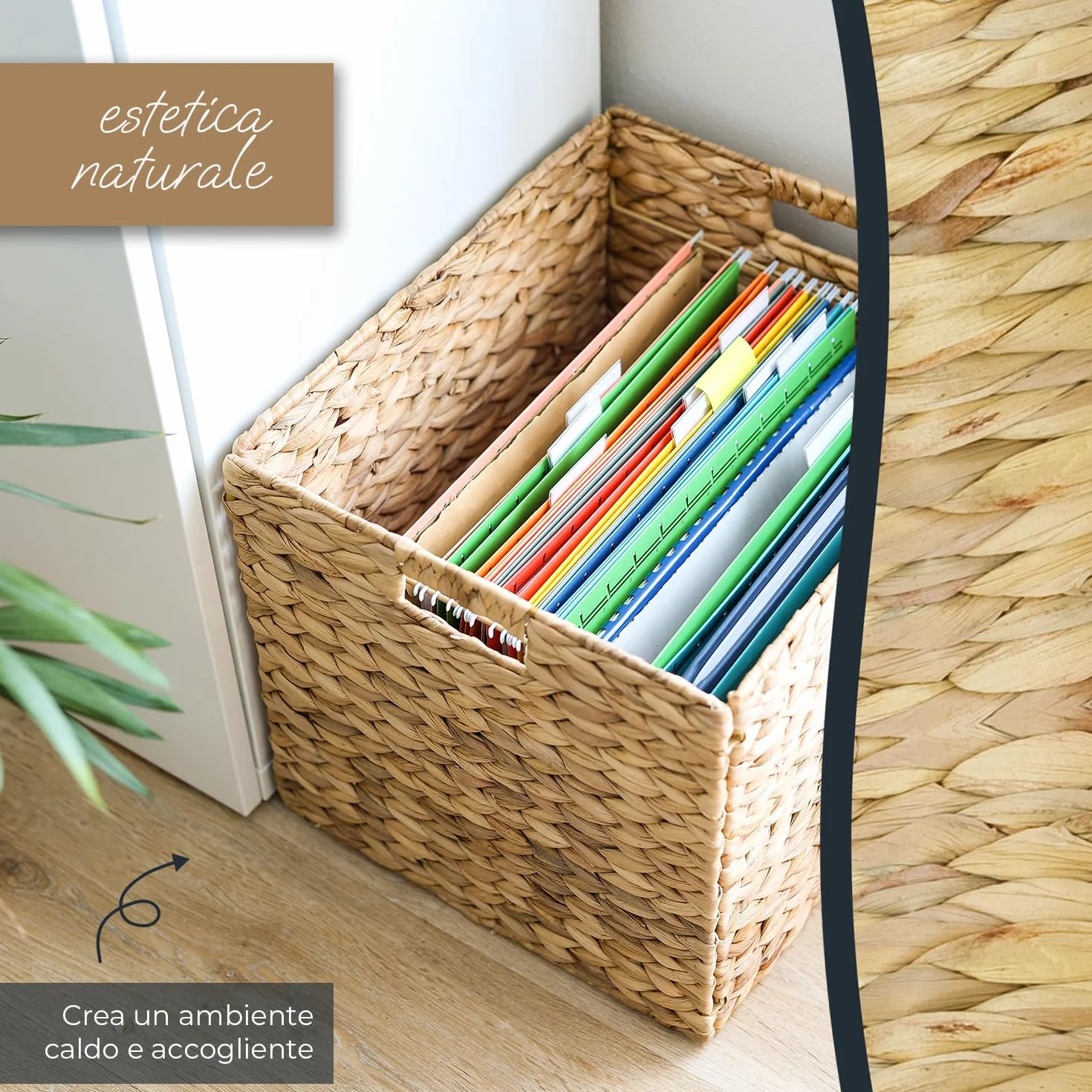 HMF Cesto portaoggetti per cartelle sospese DIN A4 compatibile con scaffale KALLAX, cesto intrecciato in giacinto d’acqua con maniglie | 33 x 38 x 32 cm | naturale