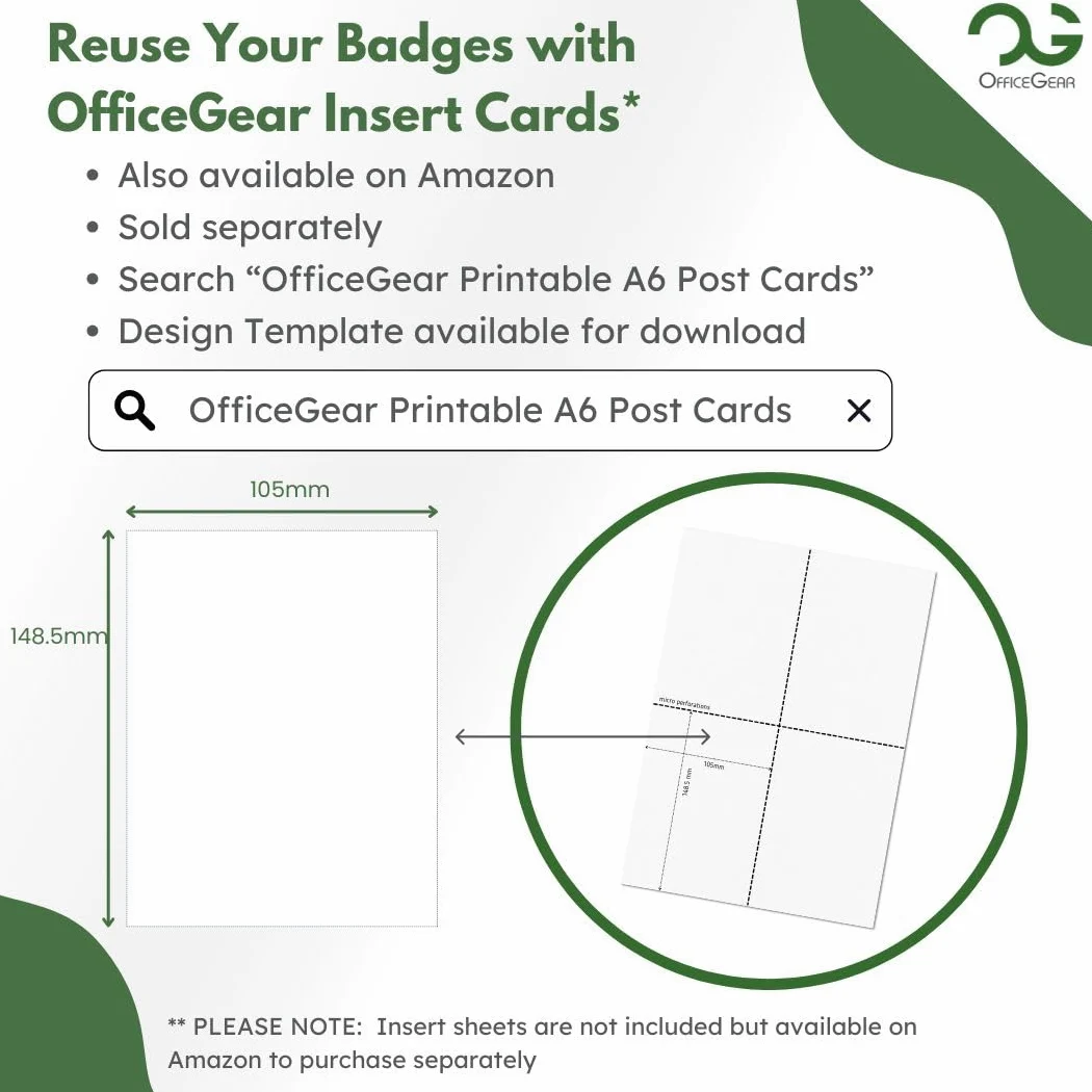 OfficeGear Porta badge per eventi [confezione da 100] da appendere verticalmente, formato A6 (105 x 150 mm) più 100 clip da bavero, parte superiore aperta per carte d'identità, passaporti, delegati