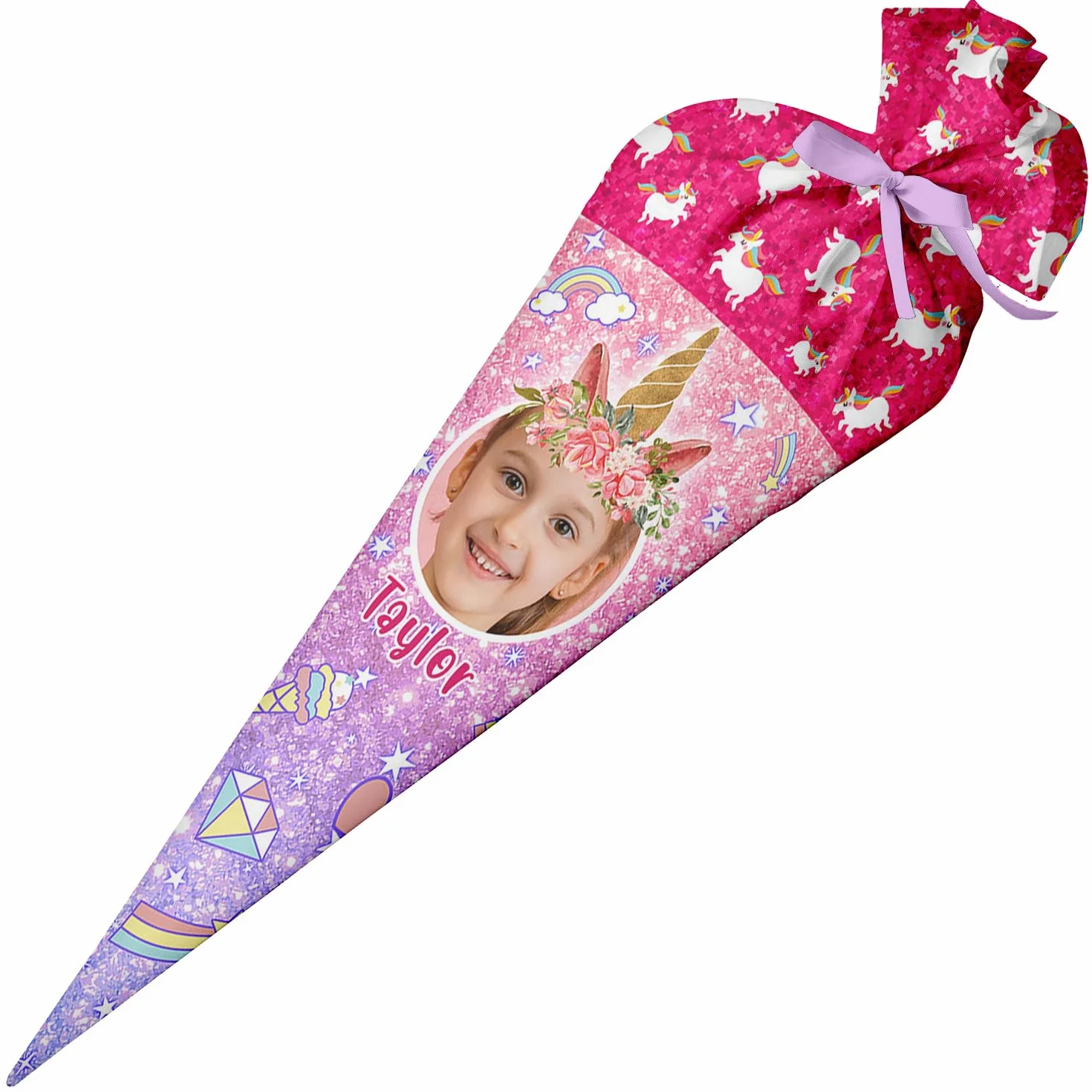 Ferocity Cono di Scuola Unicorno Glitter PHOTO Personalizzato 70 cm Cono di Zucchero con Struttura di Cartone e Riempimento Grande Cuscino