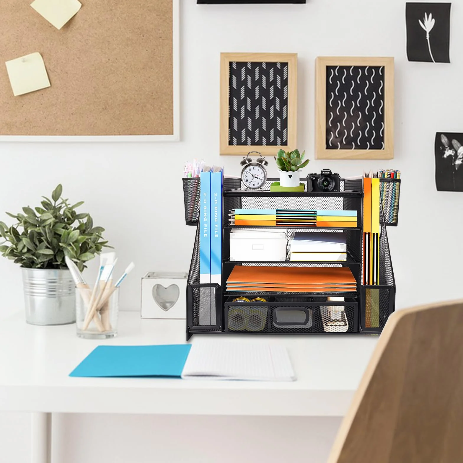 Organizer da scrivania in rete con portadocumenti, organizer per lettere a 5 ripiani con portariviste, organizer da scrivania e portaoggetti per forniture per ufficio, casa o scuola, nero