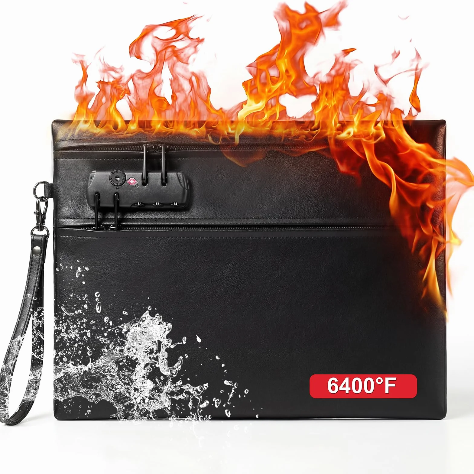 Borsa per Documenti Ignifuga Impermeabile 6400°F con Serratura 12 Strati Valigetta Portatile Anti Fuoco Nero 36x26cm