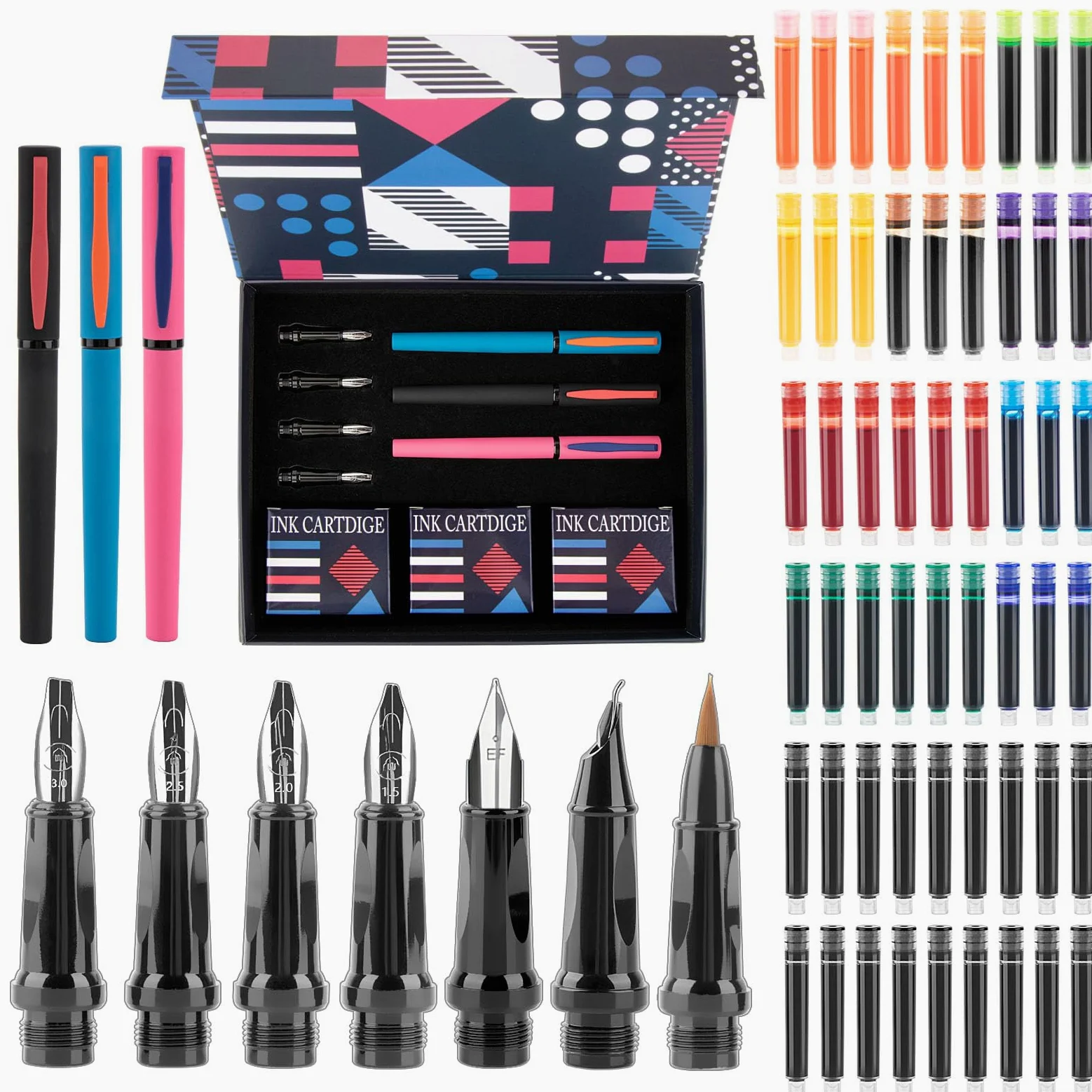Set di penne per calligrafia, 7 pennini intercambiabili, 60 cartucce d'inchiostro (12 colori), penne stilografiche per principianti, scrittura, disegno, biglietti di auguri e firme per