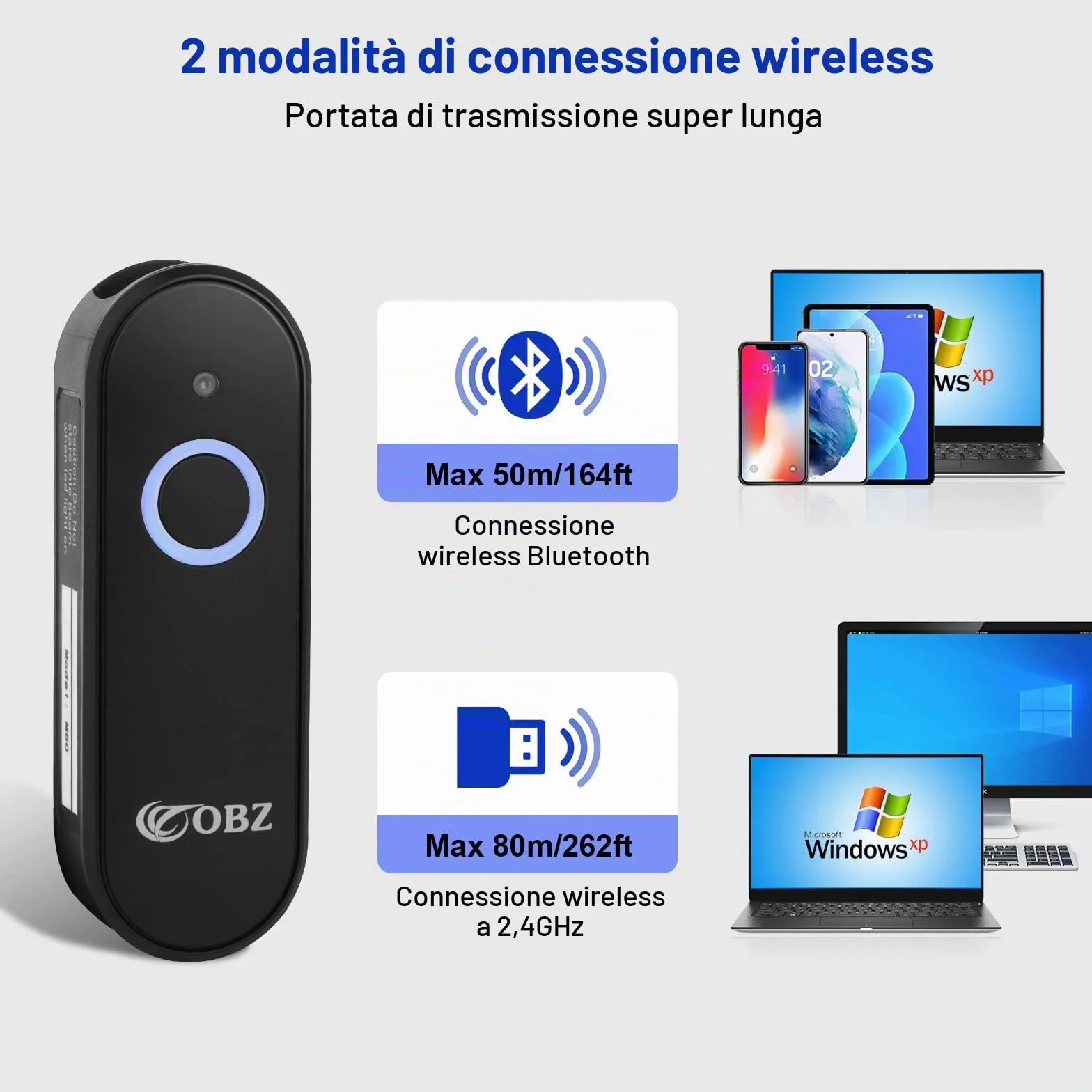 OBZ Mini Lettore Codice a Barre Wireless 2D 1D Lettore Barcode Bluetooth Portatile Lettore QR Code 2.4G USB Scanner di Codici a Barre Sanza Fili Barcode Scanner per iOS, Android, Tablet, PC, POS