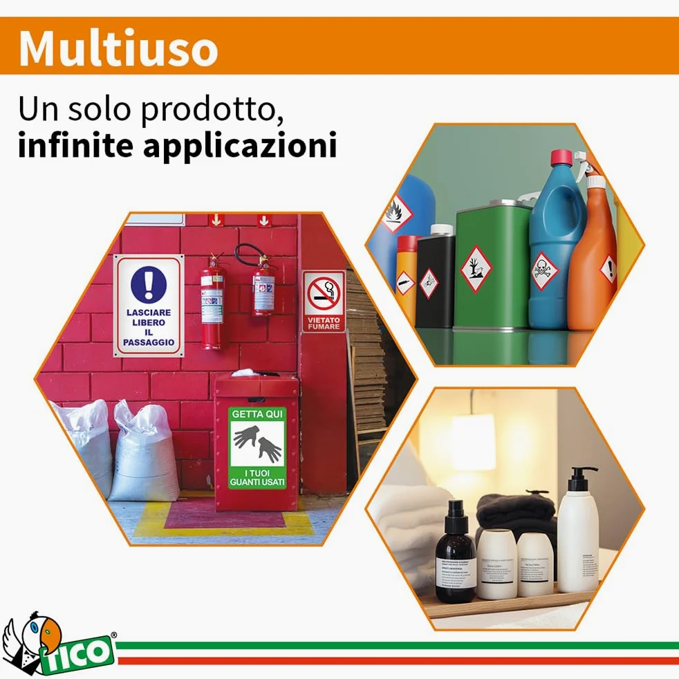 Tico Italia LP4P-210148 Etichette adesive bianche resistenti in poliestere, 70 fogli A4, rettangolari 210x148mm, 2 etichette per foglio, adesivo permanente, stampanti laser