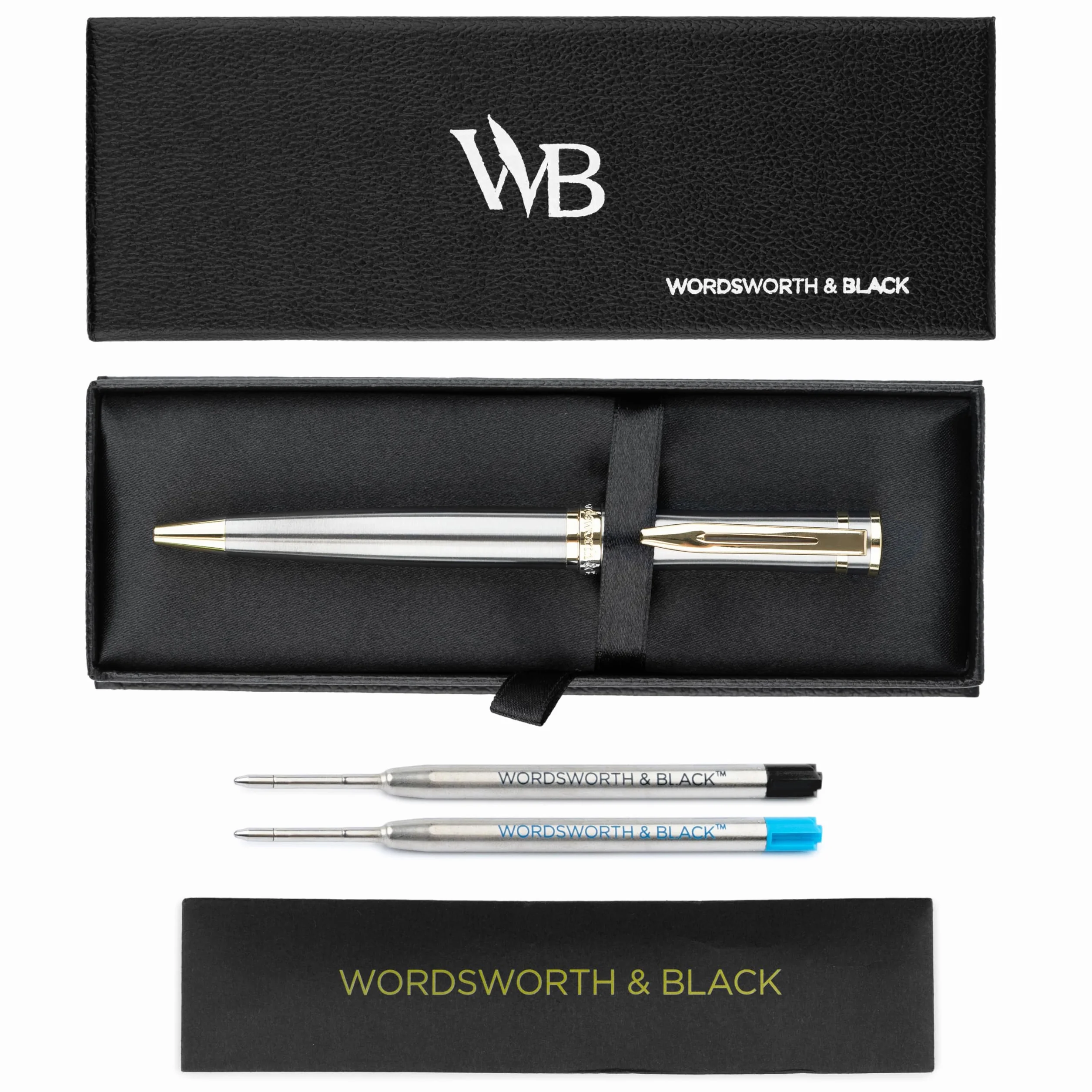 Wordsworth & Black Set di Penne a Sfera di Lusso - Lacca Argento, Finitura Oro 24K, Punta Fine Ricaricabile, Regalo per Uomini & Donne, Ricarica di Inchiostro, Belle Penne per il Lavoro