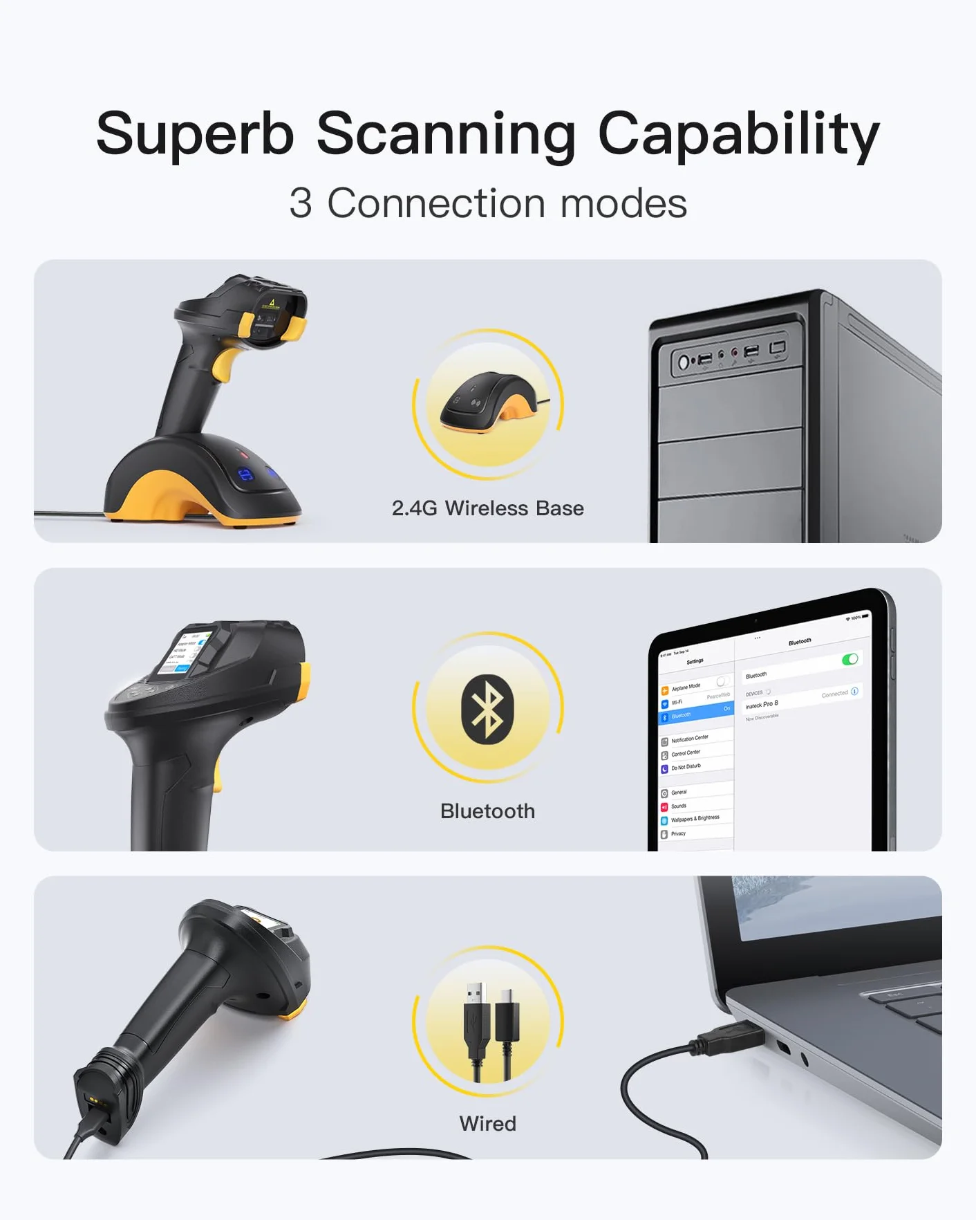 Inateck Scanner Codici a Barre Wireless 2D con Schermo, Doppio Sensore CMOS e CCD per Codici Lunghi e Sfocati, Lettore QR Bluetooth con Base di Ricarica, Tastiera per Impostazioni, Supporta App SDK