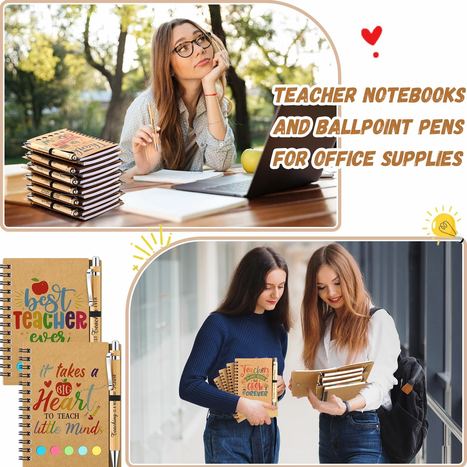Resurhang 24 set di regali di apprezzamento per insegnanti da studenti, quaderni a spirale per insegnanti con copertina in carta kraft con note adesive colorate bandiere penne a sfera in bambù