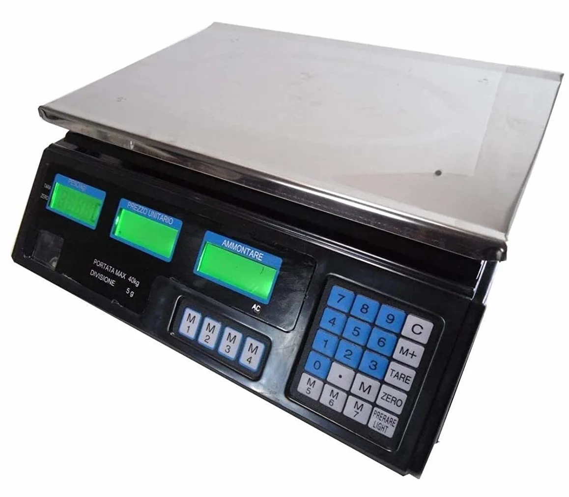 BILANCIA ELETTRONICA DA BANCO PROFESSIONALE IDEALE PER NEGOZI PESA FINO A 40KG CON PRECISINE A 5 Gr DISPLAY LCD RETROILLUMINATO CALCOLATRICE E MEMORIA DI PREZZI