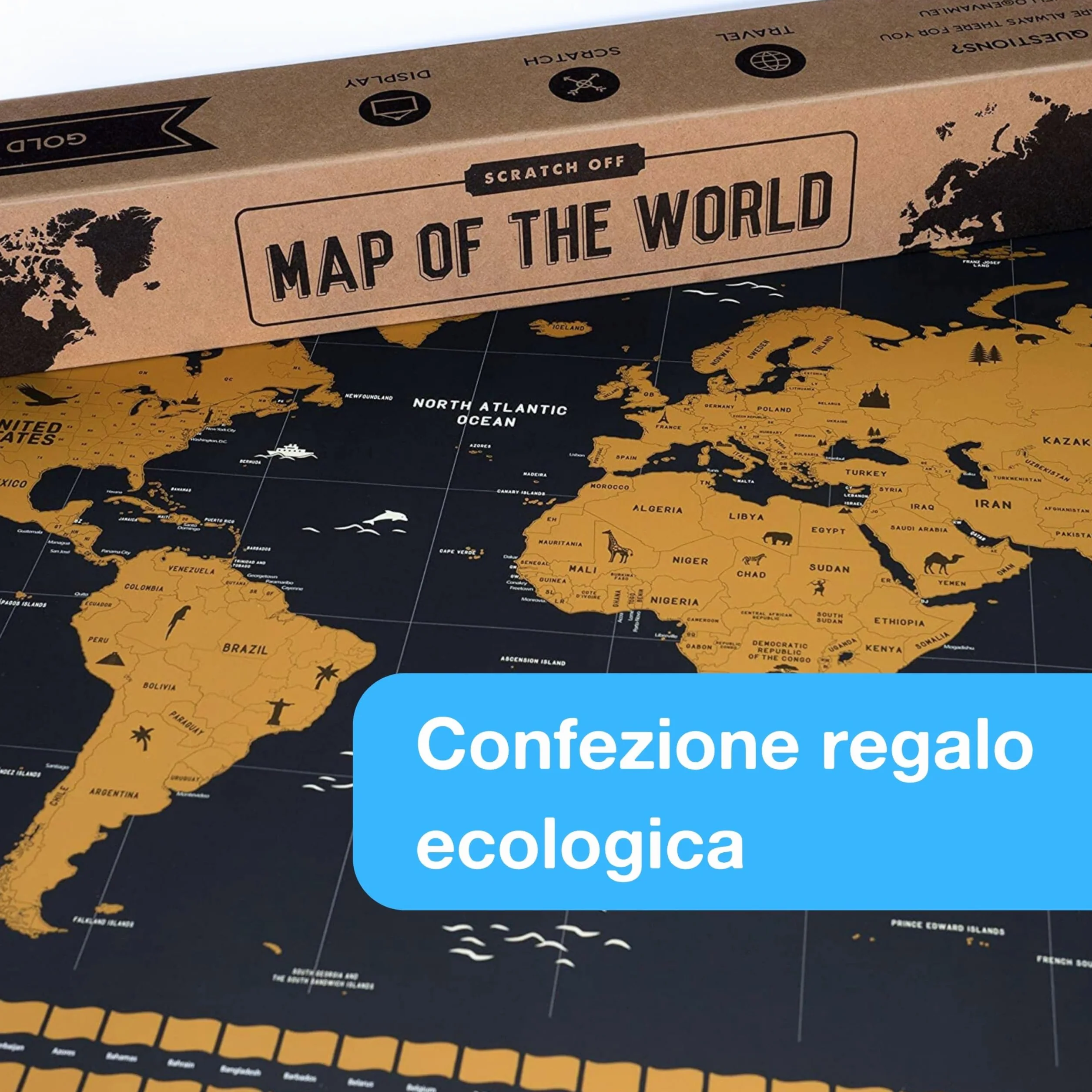 Mappa del Mondo da Grattare 68x43 cm con Bandiere Oro Inglese