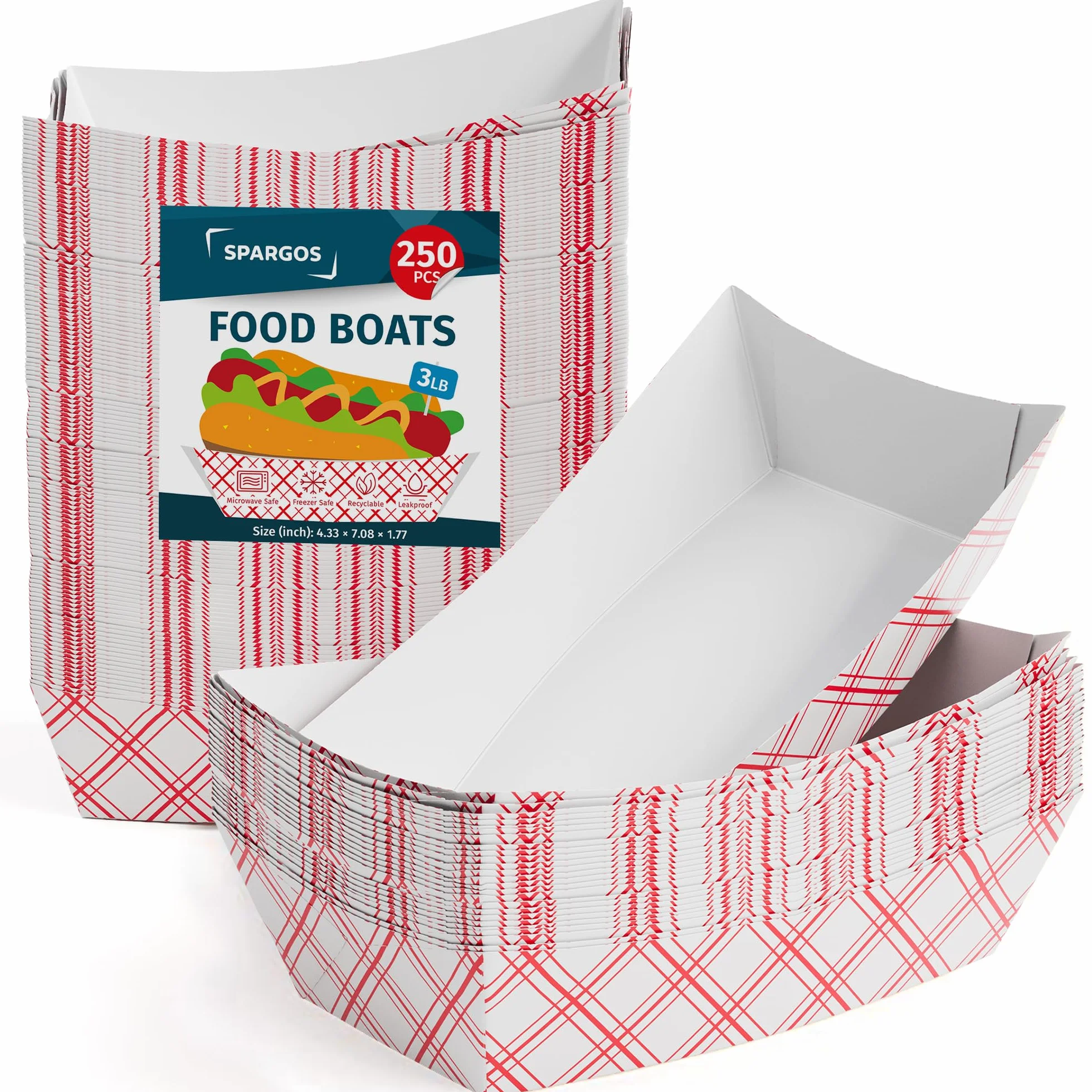 SPARGOS Food Boats Vassoi per alimenti 250 pezzi 1,4 kg carta rossa e bianca a prova di perdite congelatore usa e getta