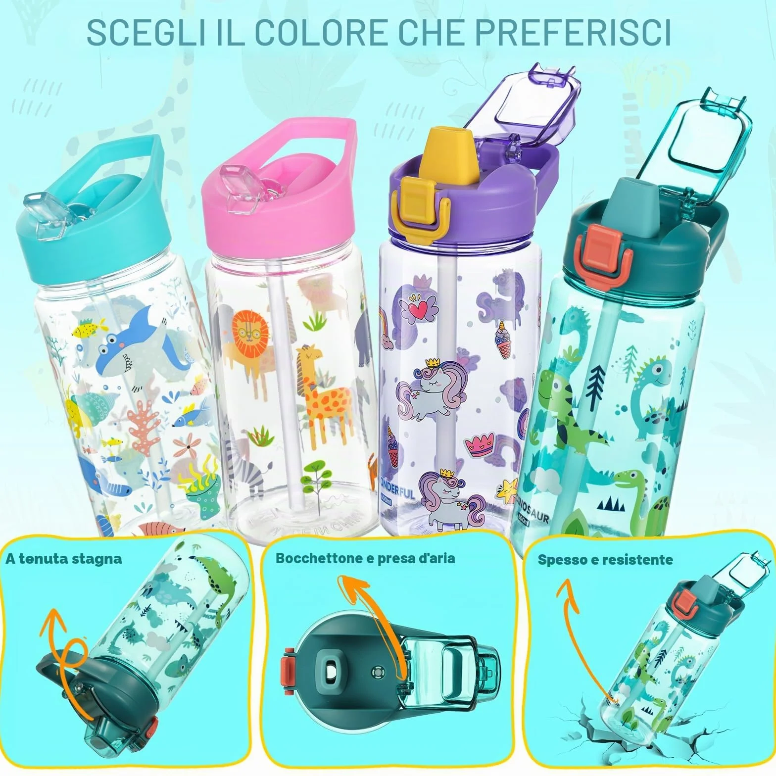 Flintronic Borraccia Bambini 600ML Senza BPA Bottiglia Acqua Cannuccia Prova Perdita Dinosauro