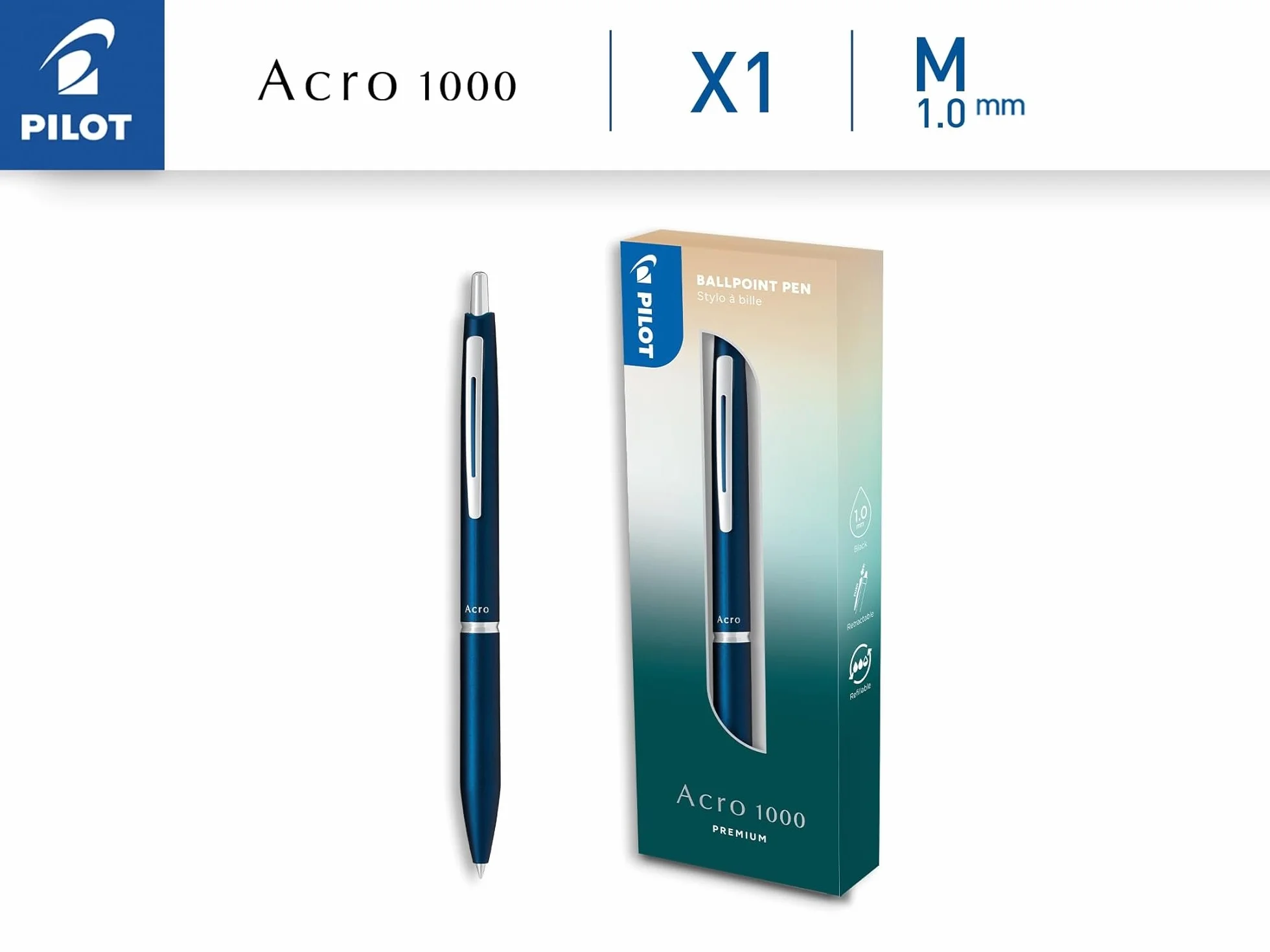 Biro premium Acro 1000 Navy Blue confezione regalo ricaricabile punta media inchiostro nero