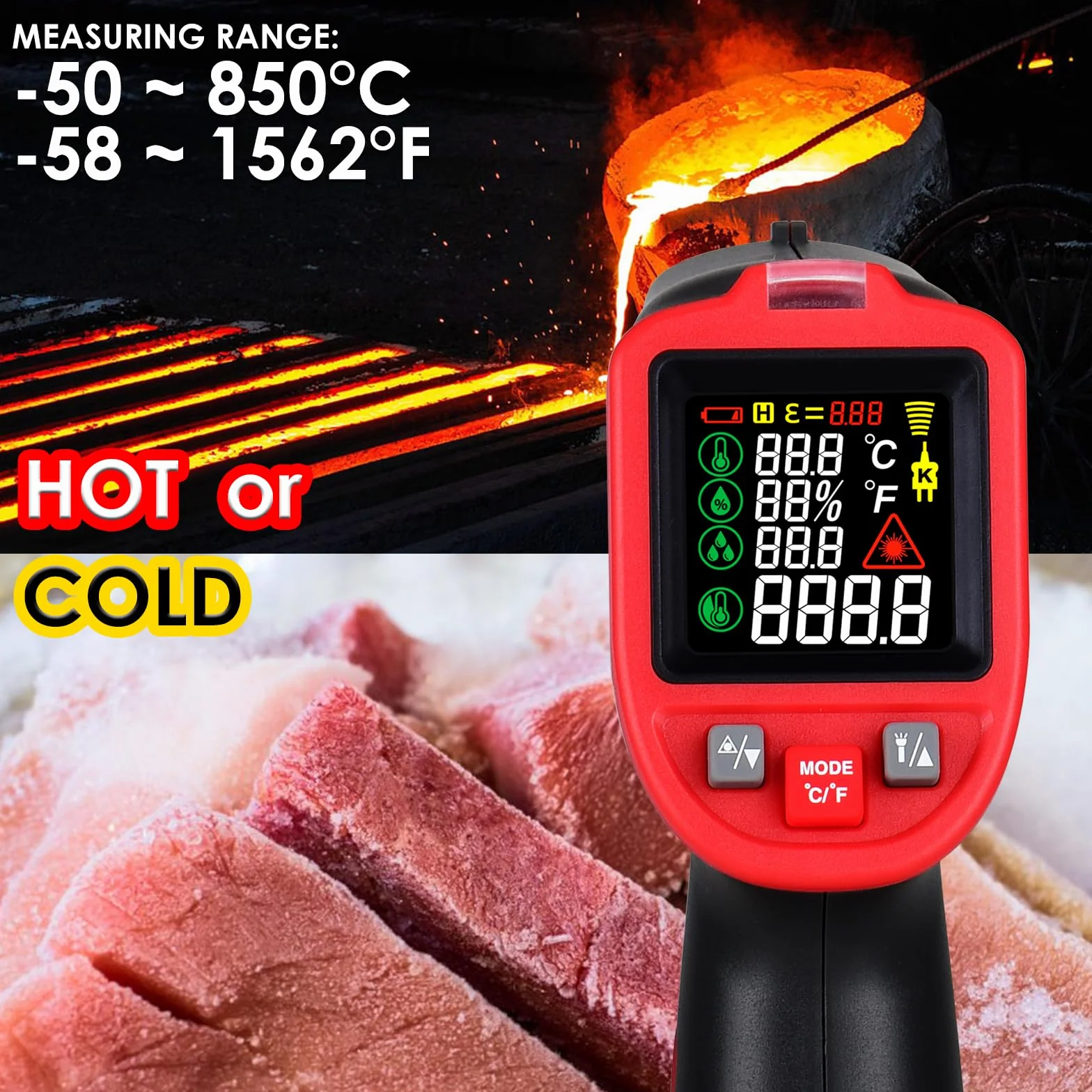 Termometro a Infrarossi Senza Contatto -50~850°C Puntamento Laser Sonda Termocoppia Tipo K Rilevamento UV