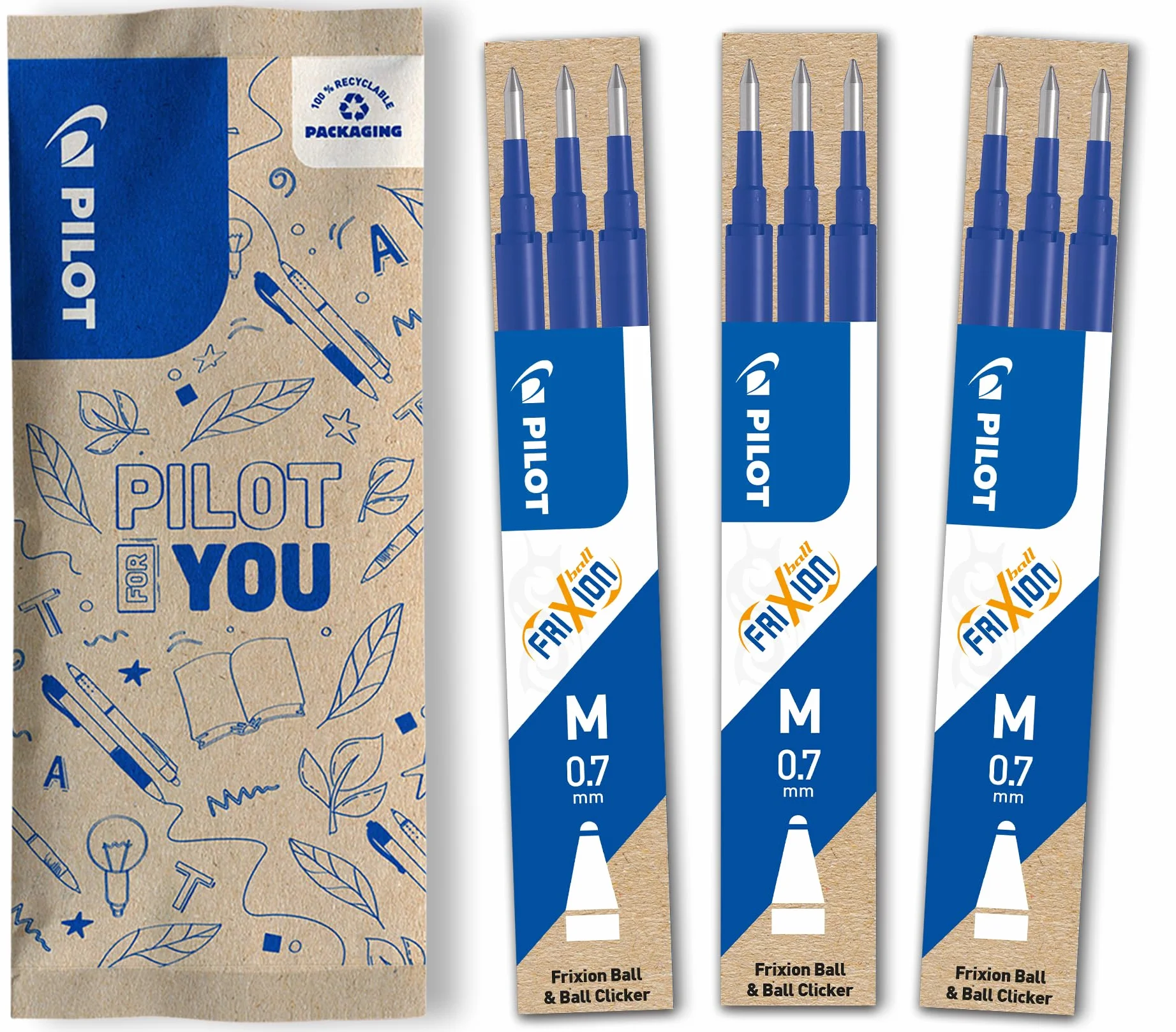 Pilot FriXion 3 set Ricariche Blu Punta Media per Penna Cancellabile Frixion Ball e Clicker